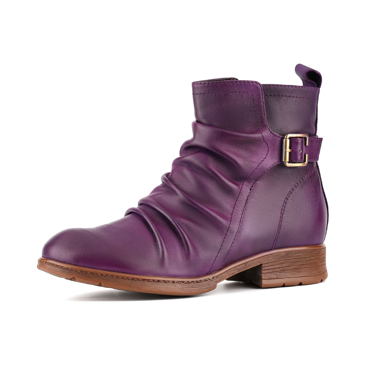 CASUAL PURPLE RUCHED LEATHER ANKLE BOOTS