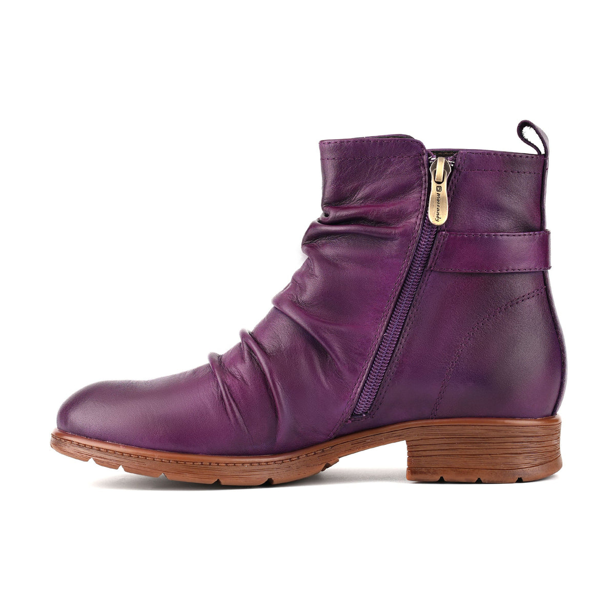 CASUAL PURPLE RUCHED LEATHER ANKLE BOOTS