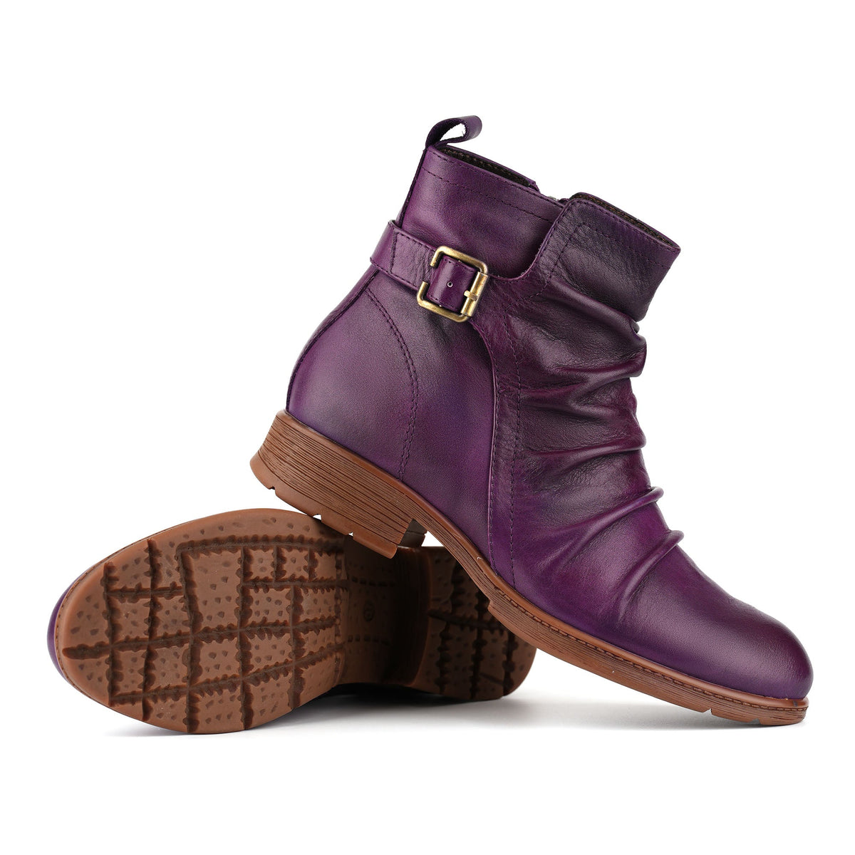 CASUAL PURPLE RUCHED LEATHER ANKLE BOOTS