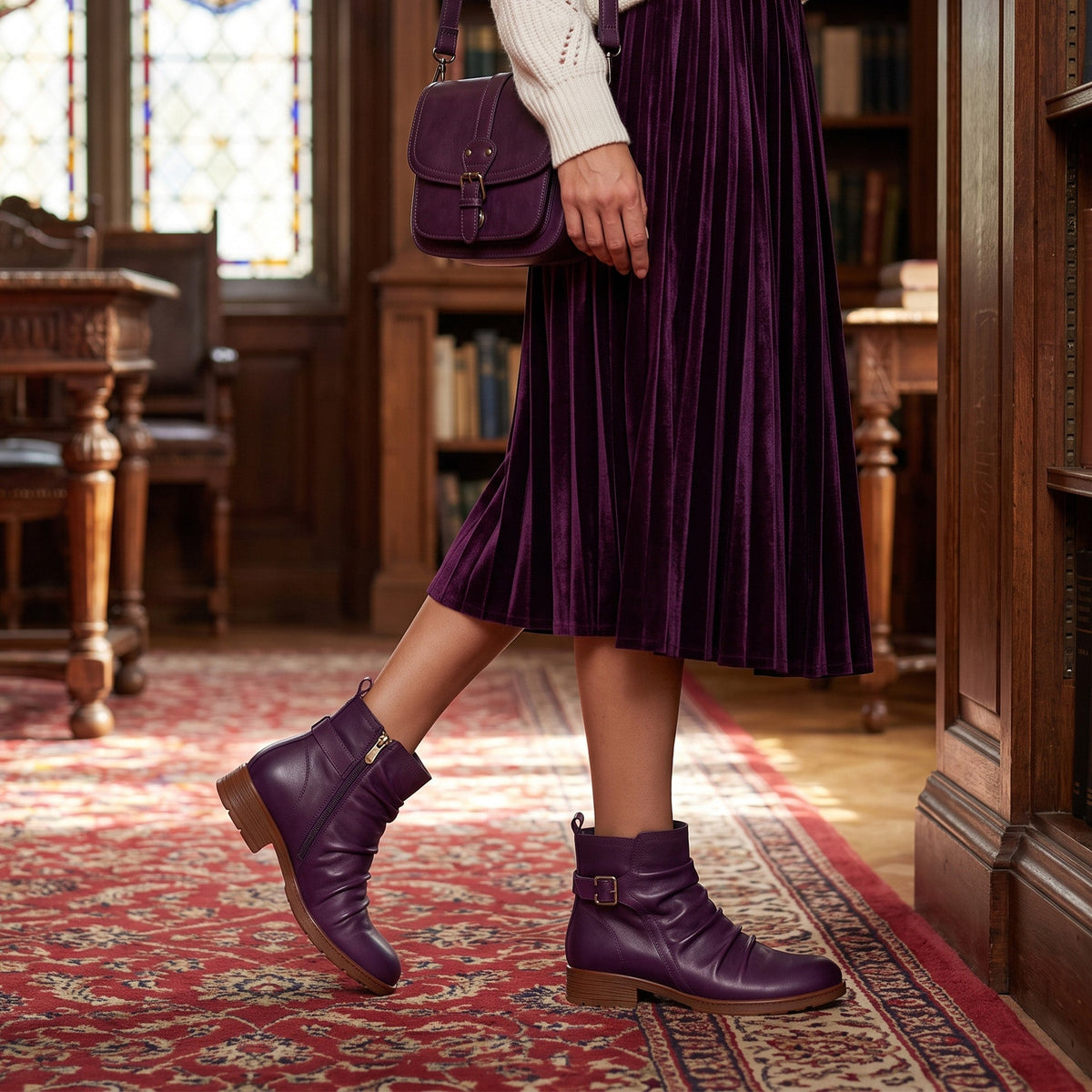 CASUAL PURPLE RUCHED LEATHER ANKLE BOOTS