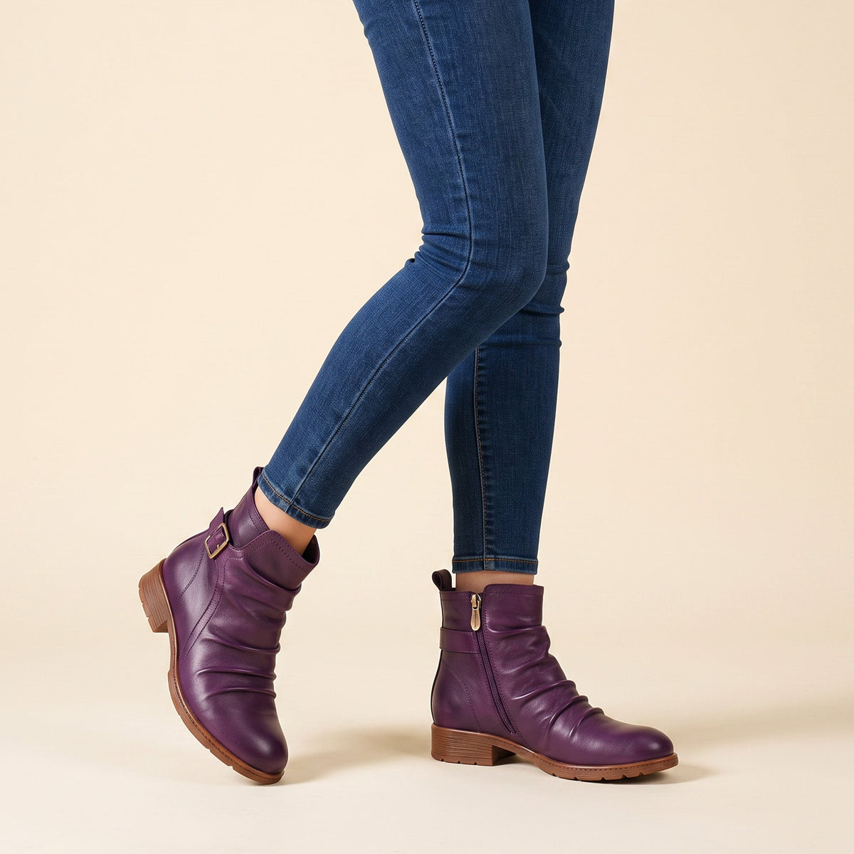 CASUAL PURPLE RUCHED LEATHER ANKLE BOOTS