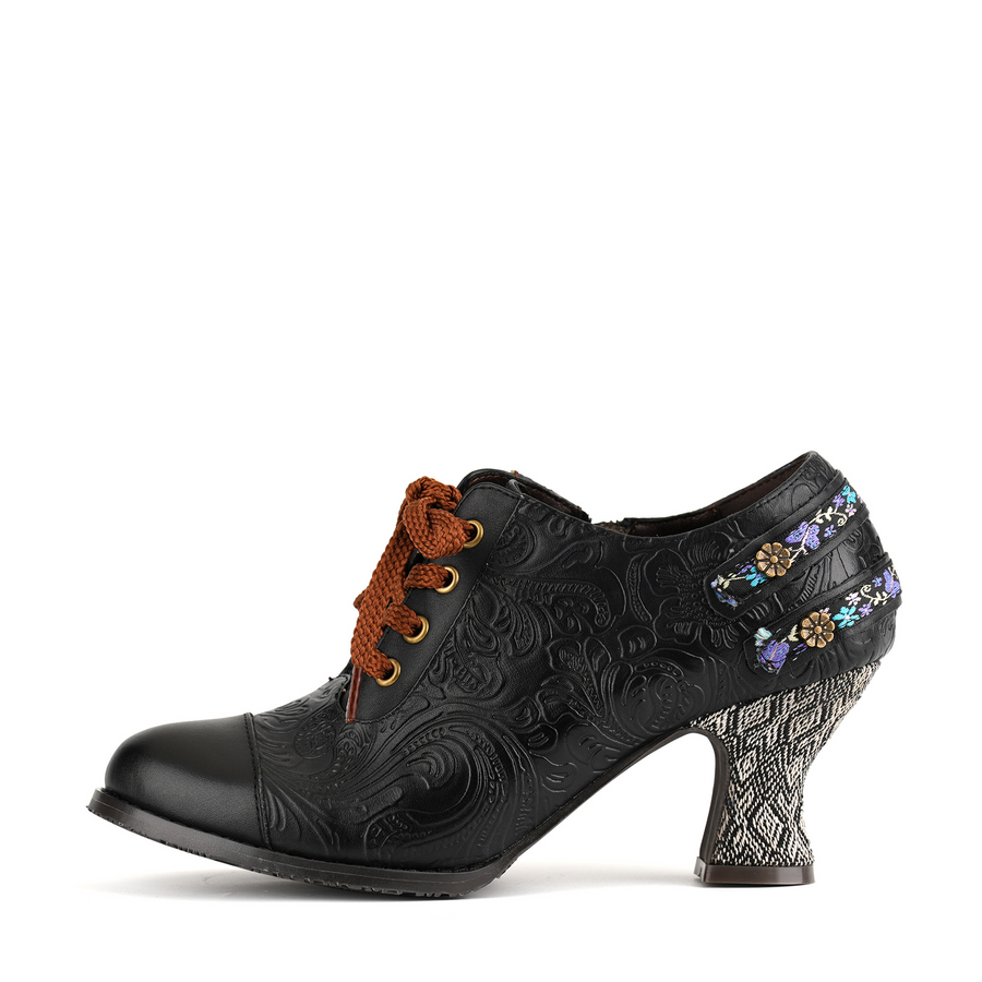 Floral Embossed Lace-Up Heels