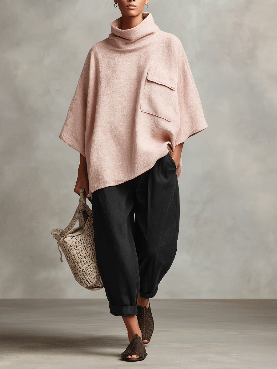 Women's Dusty Pink Woven Poncho Top with Cowl Neck & Patch Pocket, Modern Effortless-Chic Pullover