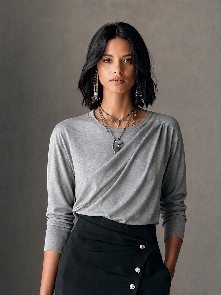 Women's Casual Elegant Heather Grey Knit Cotton Blend Draped Twist Front Long Sleeve Top