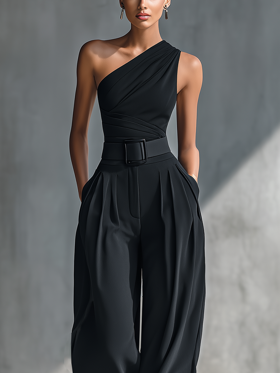 Women's Black Draped Wide-Leg Trousers MDZ2483B4T