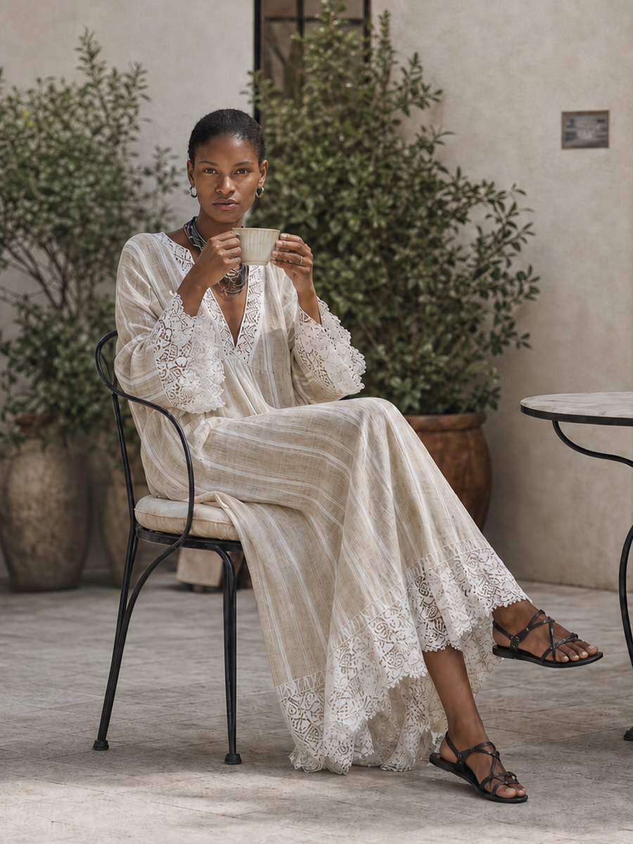 Women's Minimalist Beige Vertical-Stripe Maxi Dress With White Lace Trim And Flared Long Sleeves