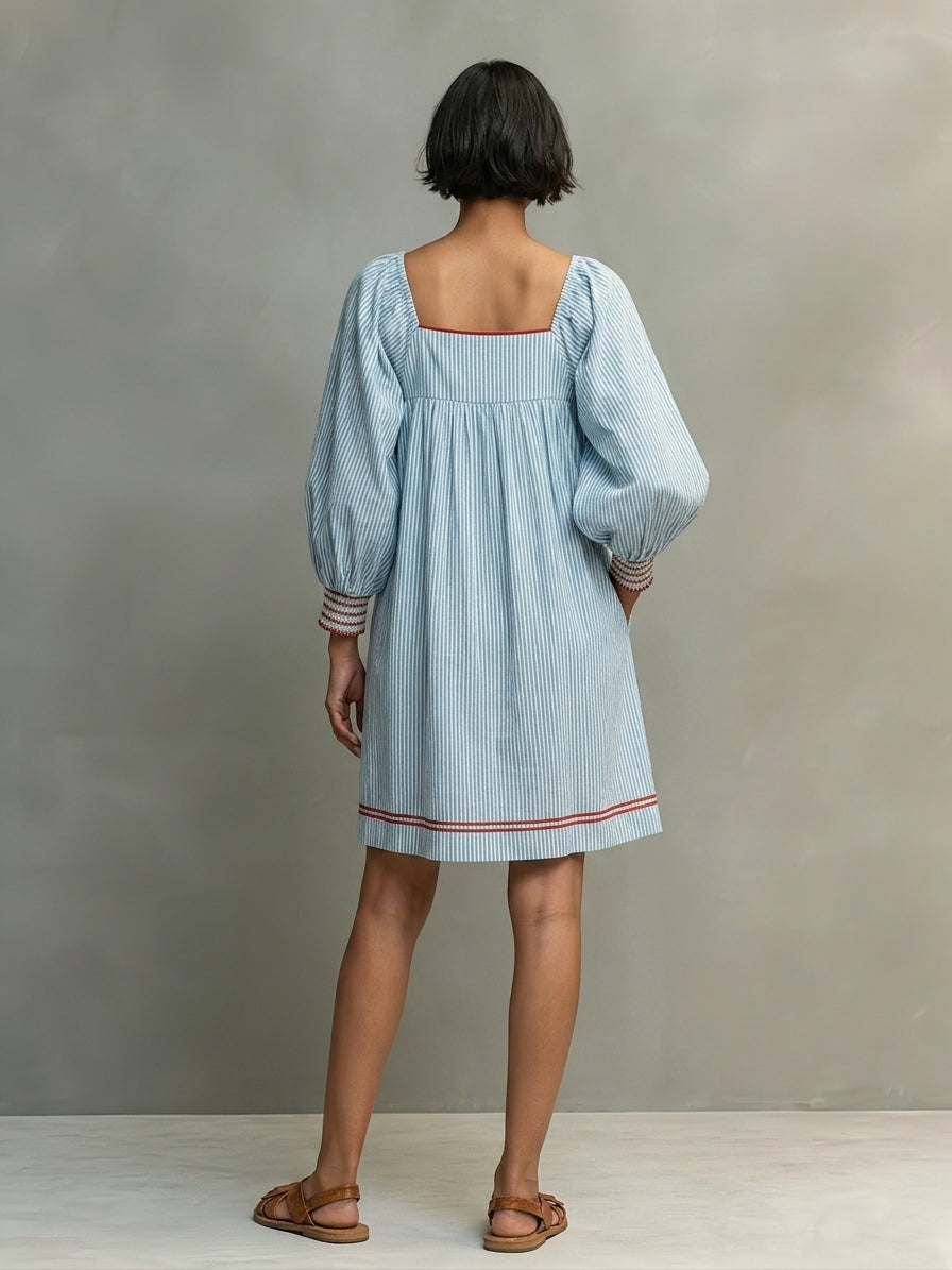 Women's Two-way Wear Design Minimalist Striped Mini Dress Featuring Red-trimmed Lantern Sleeves MDZ3068F5WY