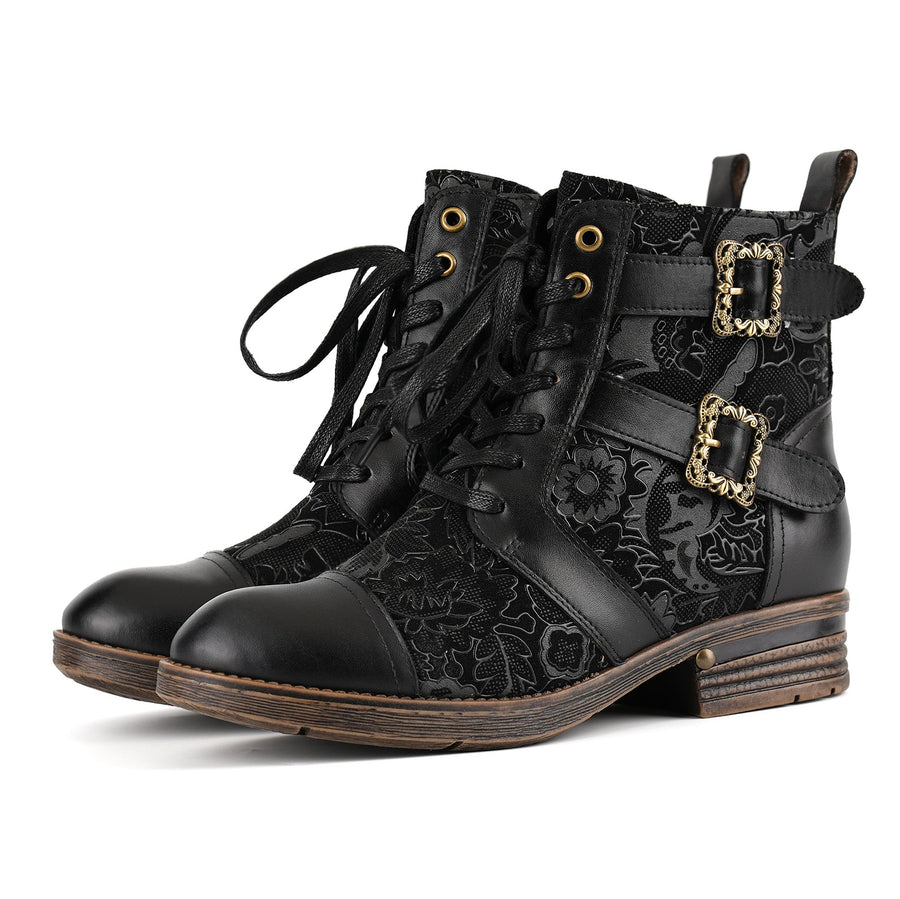 TIMELESS GRACE FLORAL LACE-UP FLAT ANKLE BOOTS