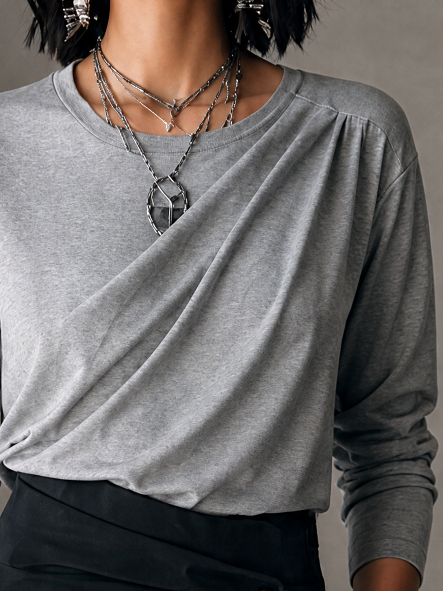 Women's Casual Elegant Heather Grey Knit Cotton Blend Draped Twist Front Long Sleeve Top