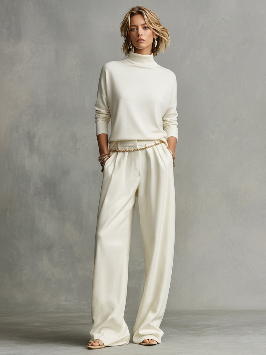 Women's Cream Tailored Wide-Leg Pants with Draped Silhouette & Belt Loops, Contemporary Effortless-Chic Style Pants MDA1509K4I
