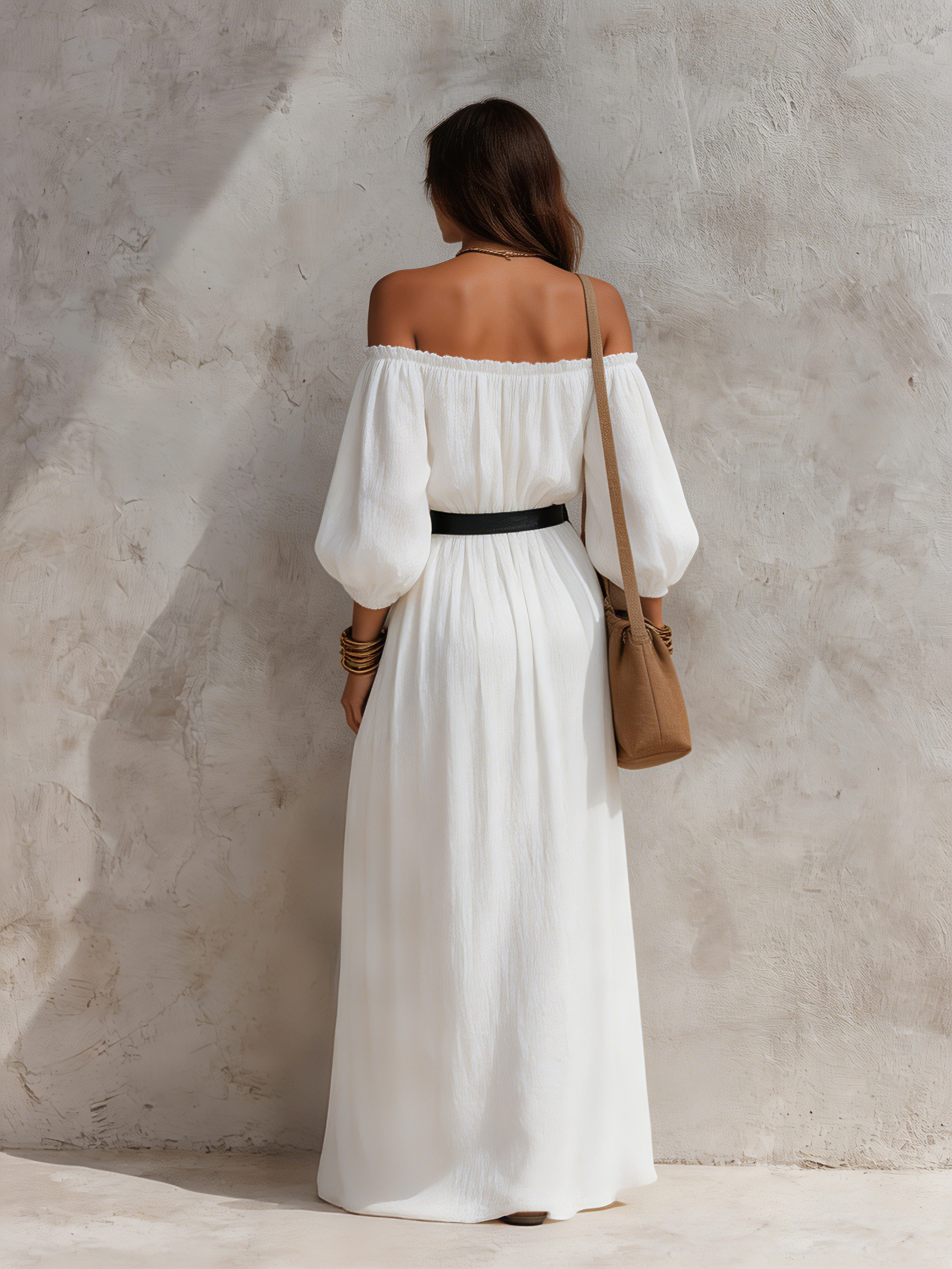 Women's Casual Beige Woven Off-Shoulder Long-Sleeve Maxi Dress (with Belt)