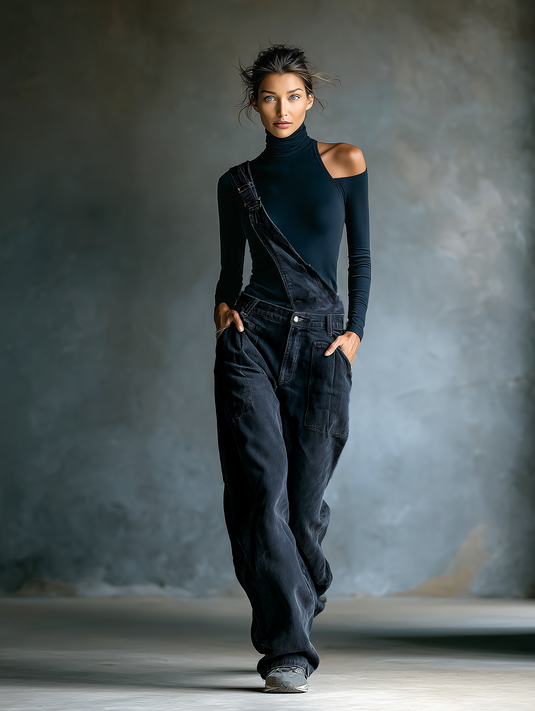 Women's Dark Blue Denim Overalls With Shoulder Straps MDA3014K1T