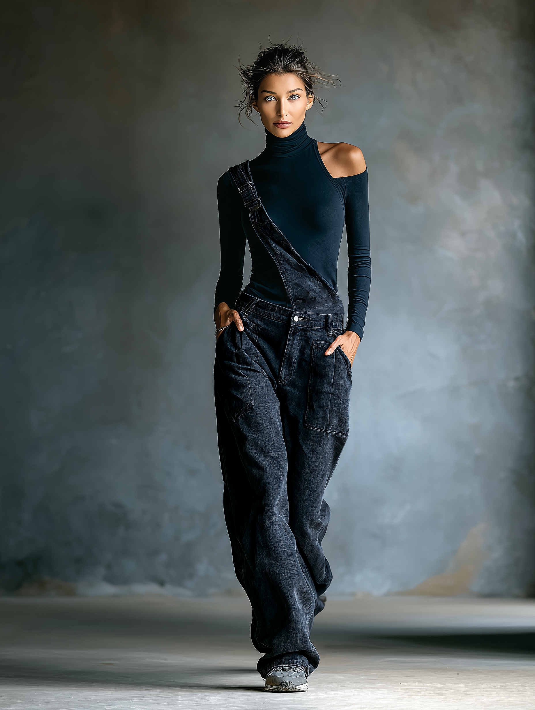 Women's Dark Blue Denim Overalls With Shoulder Straps MDA3014K1T