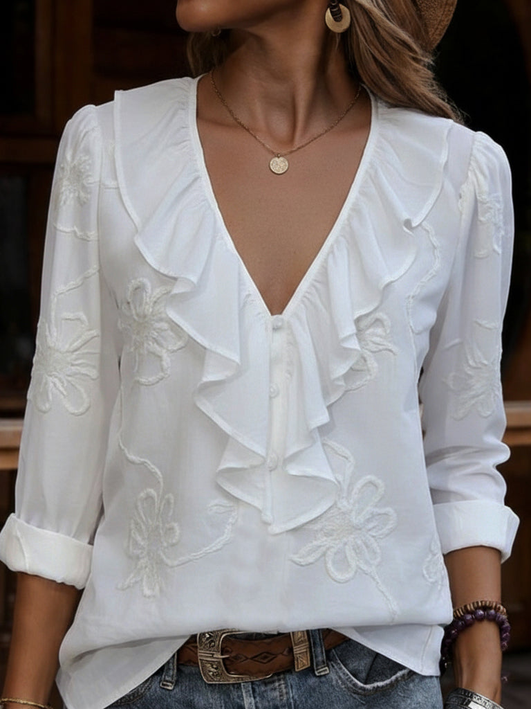 OLIVIA | VINTAGE FLORAL EMBROIDERED FRILL V-NECK SHIRT