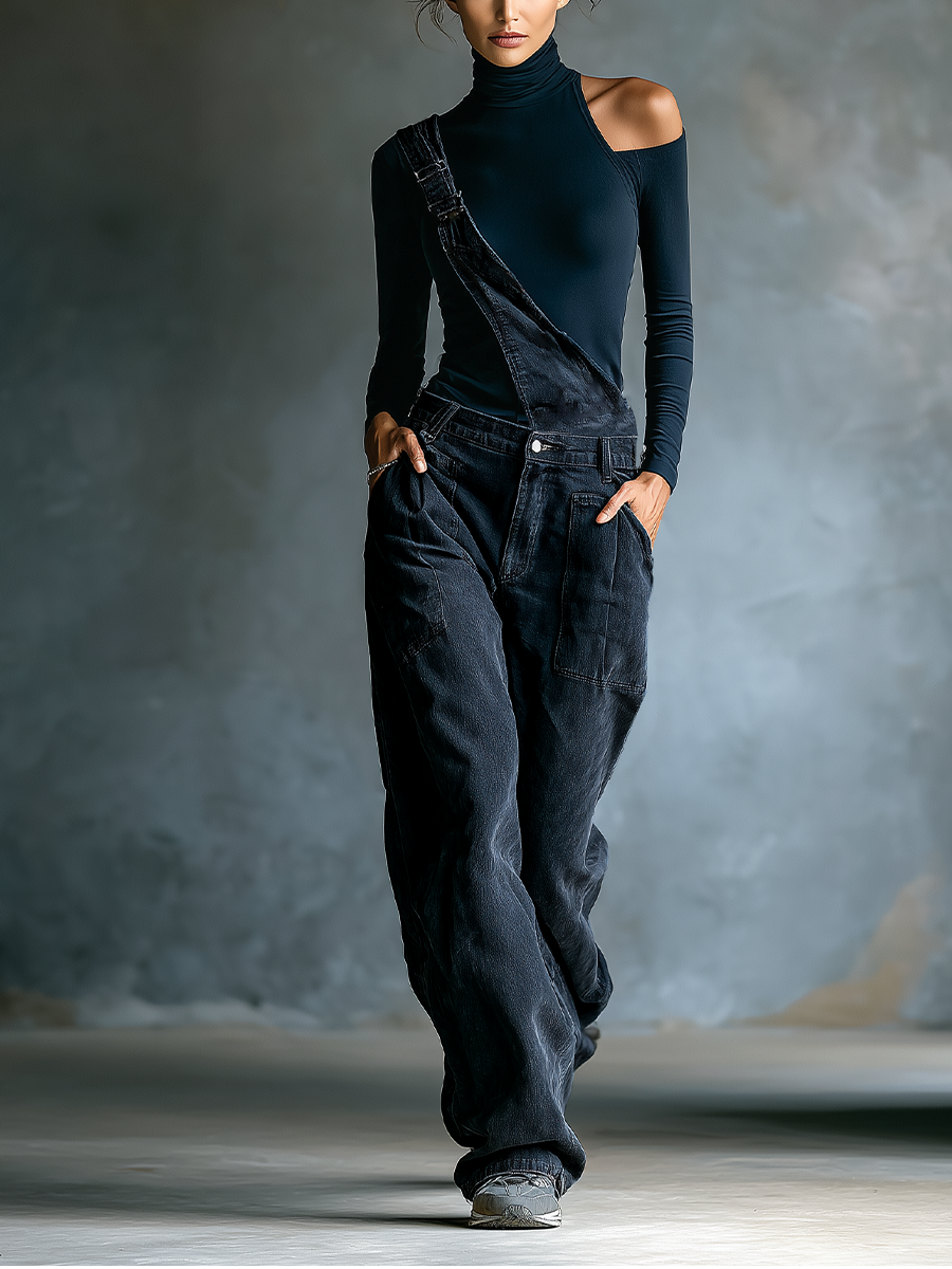 Women's Dark Blue Denim Overalls With Shoulder Straps MDA3014K1T