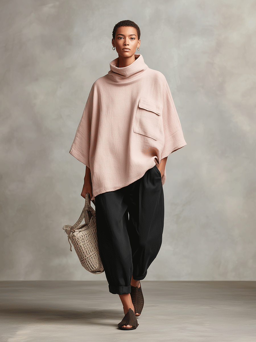 Women's Dusty Pink Woven Poncho Top with Cowl Neck & Patch Pocket, Modern Effortless-Chic Pullover