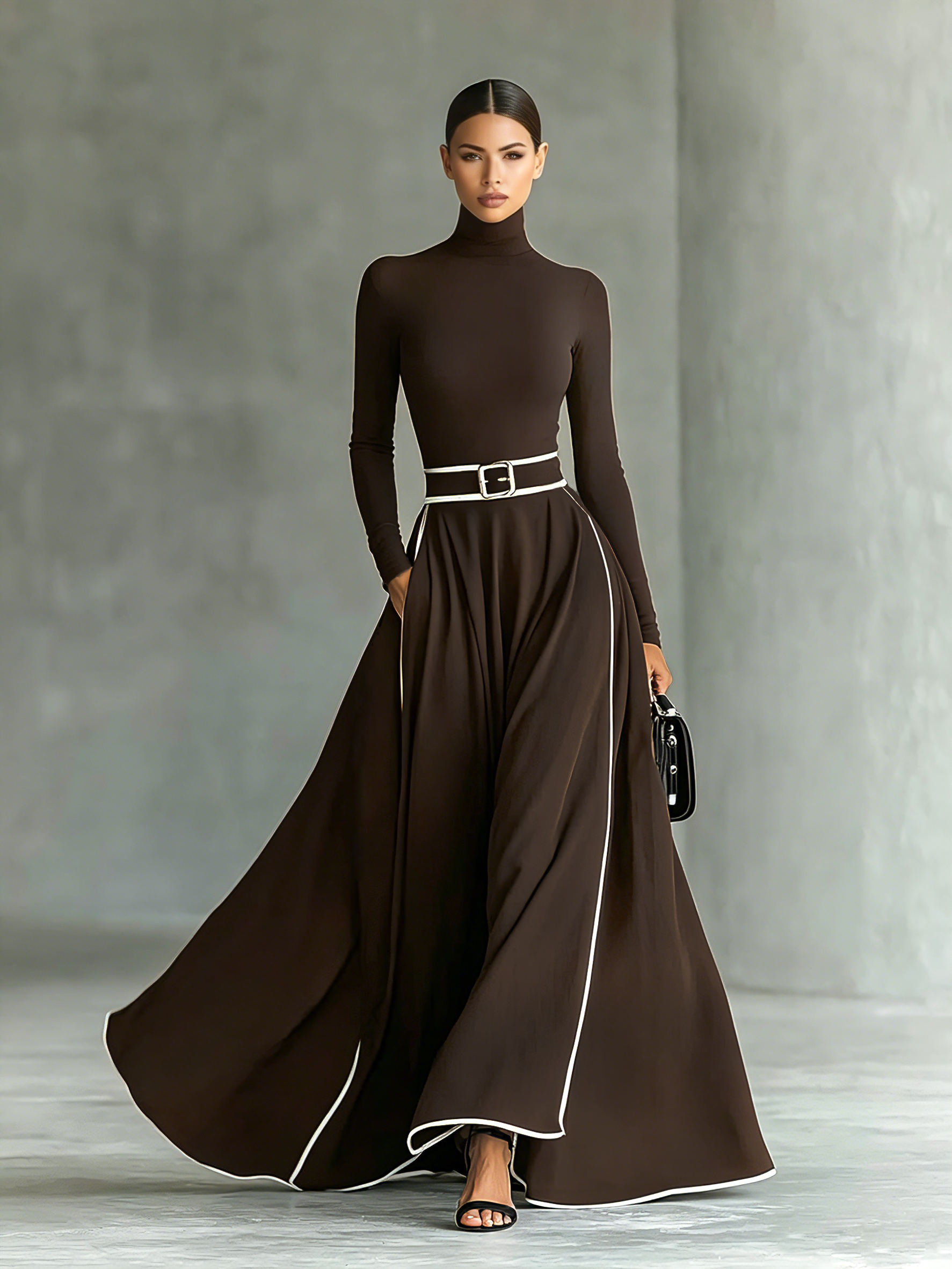 Women's Black Stitching White Trim High Collar Long Sleeve Tight Belt Maxi Dress MDA1031G0Y