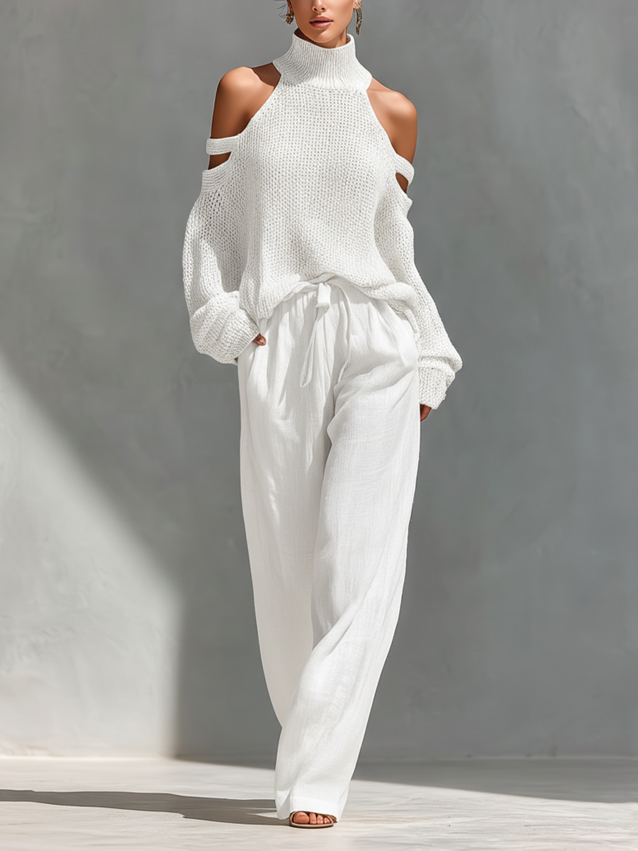 Women’s Beige Linen-Blend High-Waisted Pocketed Wide-Leg Pants MDZ1228A6T