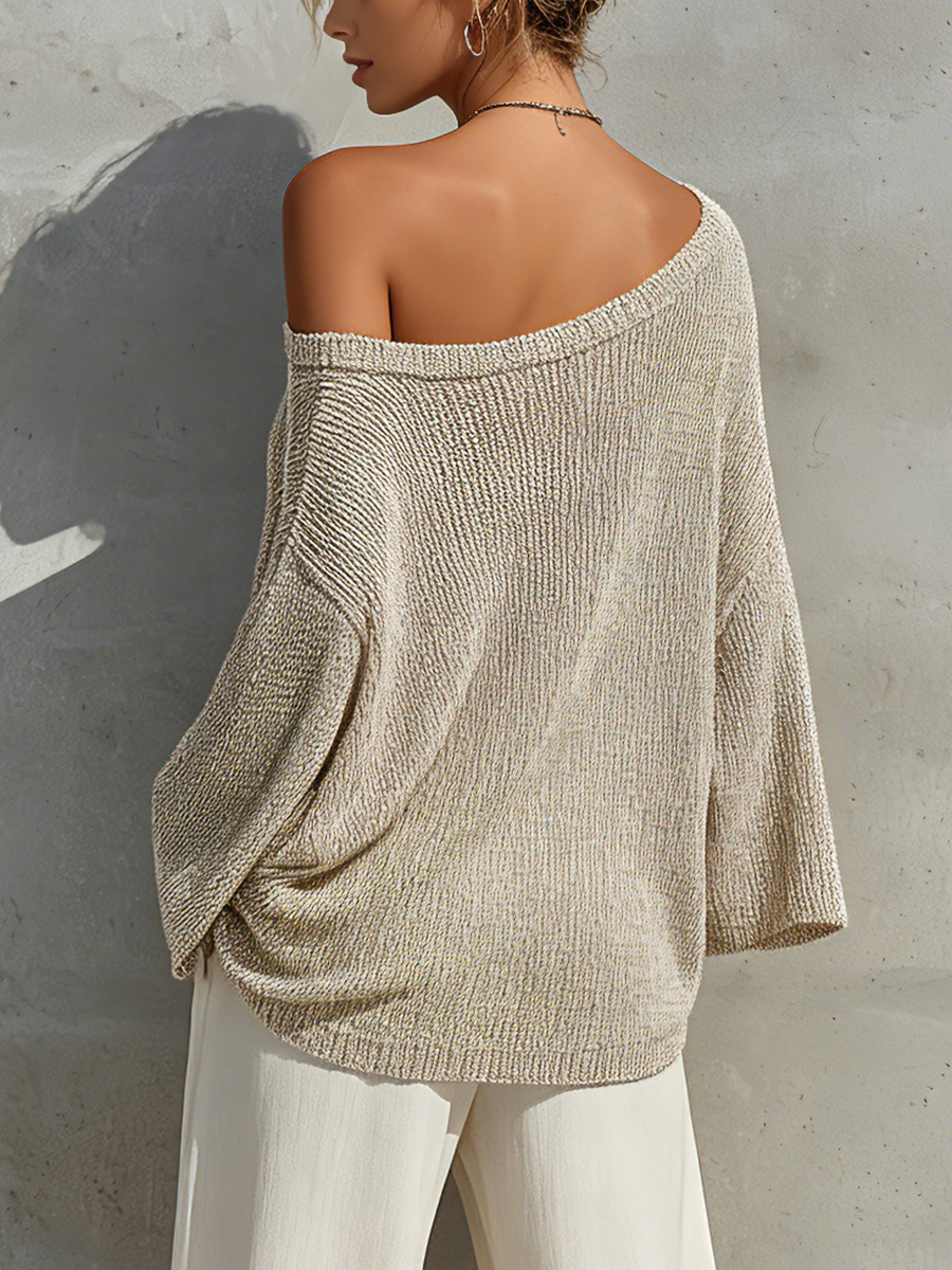 Women's Beige Shimmer Ribbed Knit Off Shoulder Drop Shoulder Three Quarter Sleeve Casual Blouse