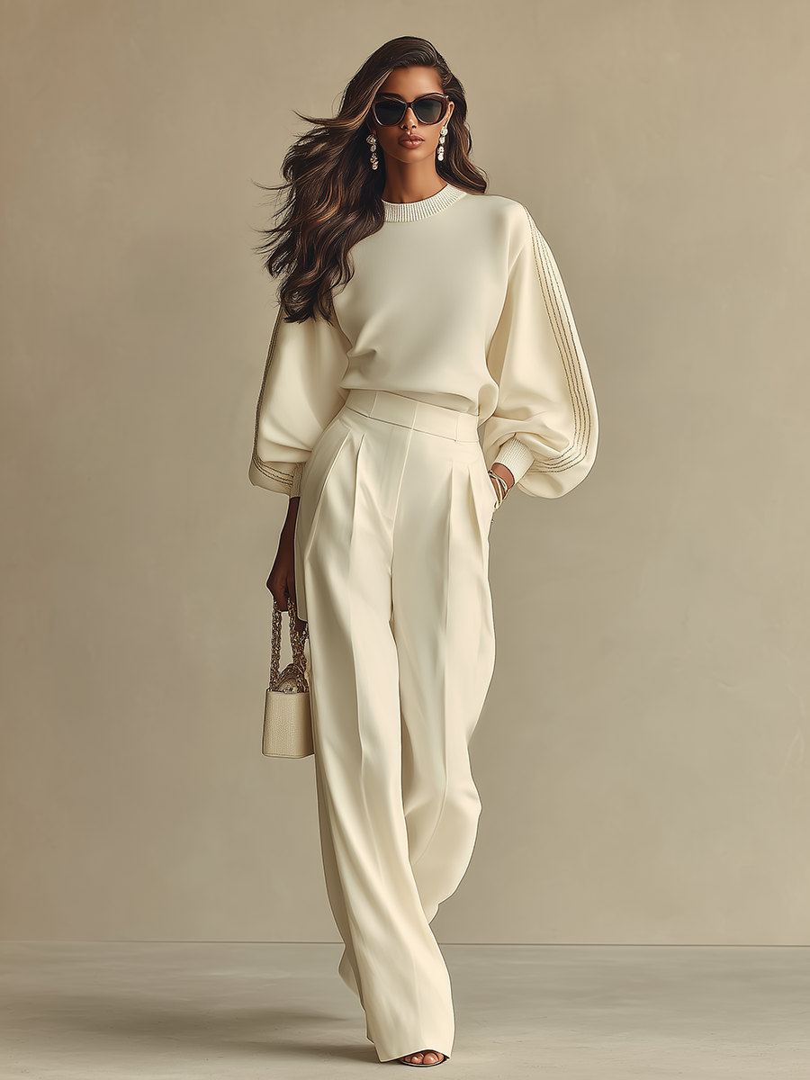 Women's Off-white Lightweight Woven Wide Leg Pants with High Waist & Loose Fit, Sophisticated Office Chic Trousers MDZ0856A8I