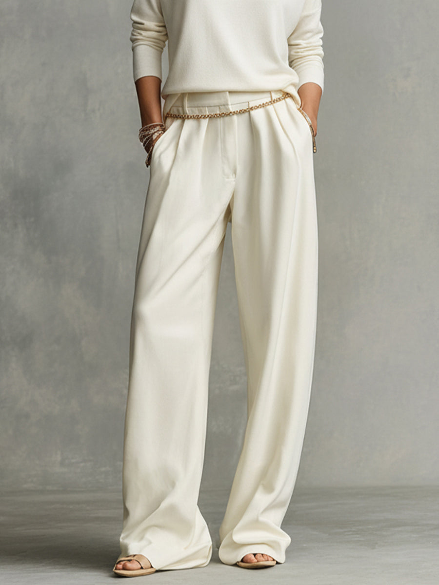 Women's Cream Tailored Wide-Leg Pants with Draped Silhouette & Belt Loops, Contemporary Effortless-Chic Style Pants MDA1509K4I