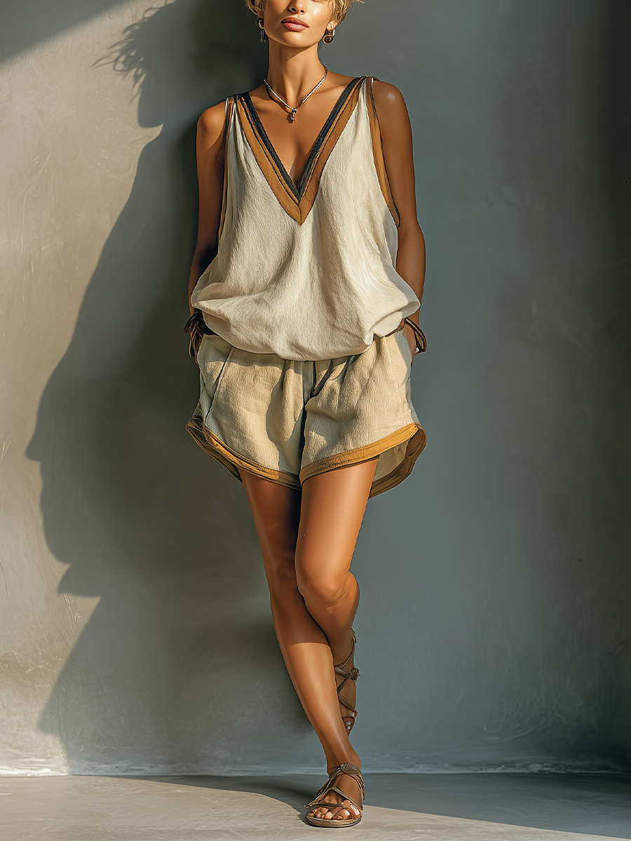Women's Khaki Linen Waist Contrast Brown Trim Casual Loose Shorts With Side Pockets MDZ3043C3T