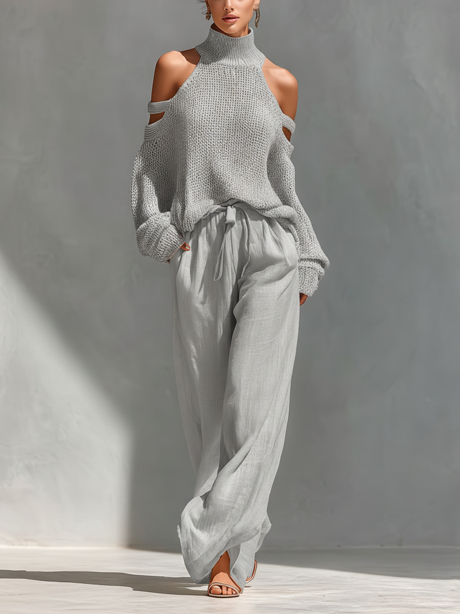 Women’s Beige Linen-Blend High-Waisted Pocketed Wide-Leg Pants MDZ1228A6T