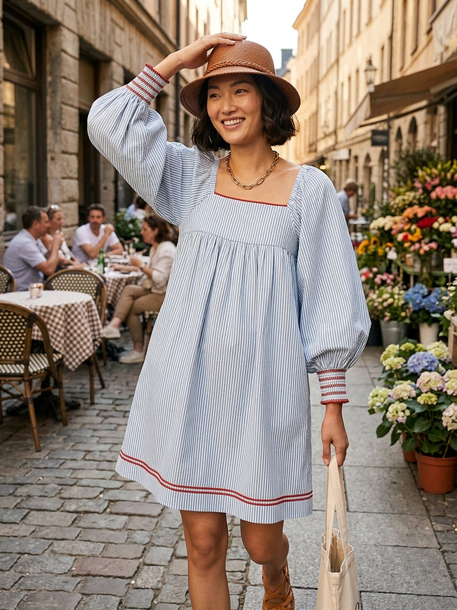 Women's Two-way Wear Design Minimalist Striped Mini Dress Featuring Red-trimmed Lantern Sleeves MDZ3068F5WY