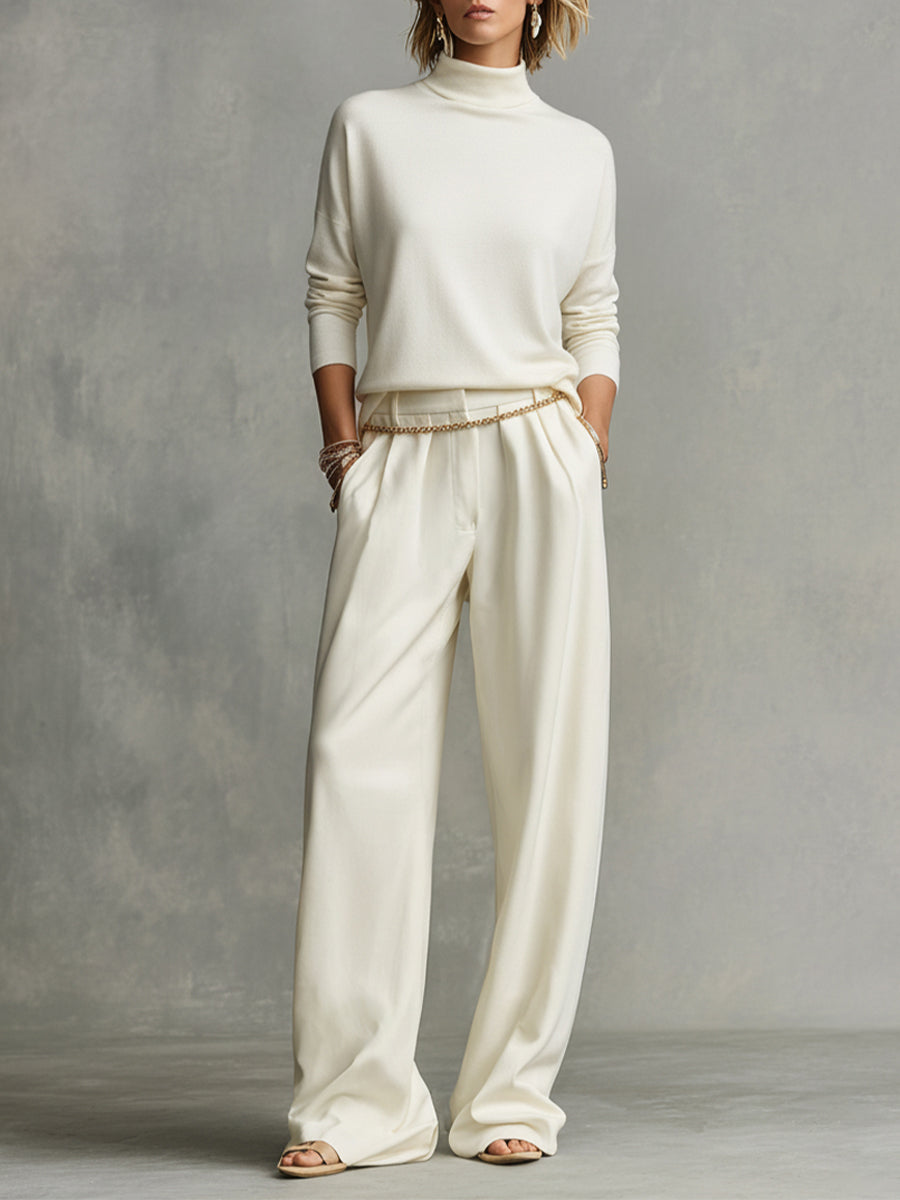 Women's Cream Tailored Wide-Leg Pants with Draped Silhouette & Belt Loops, Contemporary Effortless-Chic Style Pants MDA1509K4I