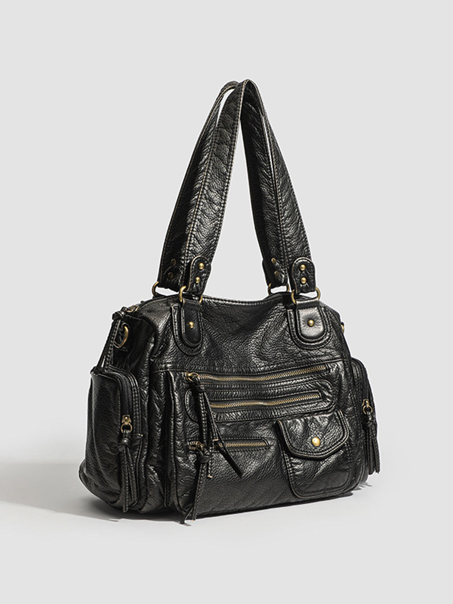 Women's Fashionable Distressed Multi-pocket Leather Handbag MDA0889H1Y