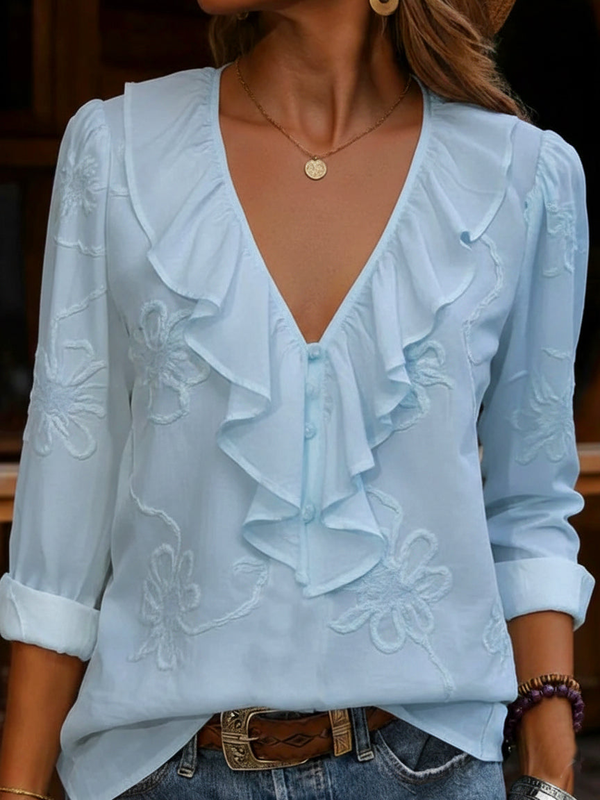 OLIVIA | VINTAGE FLORAL EMBROIDERED FRILL V-NECK SHIRT
