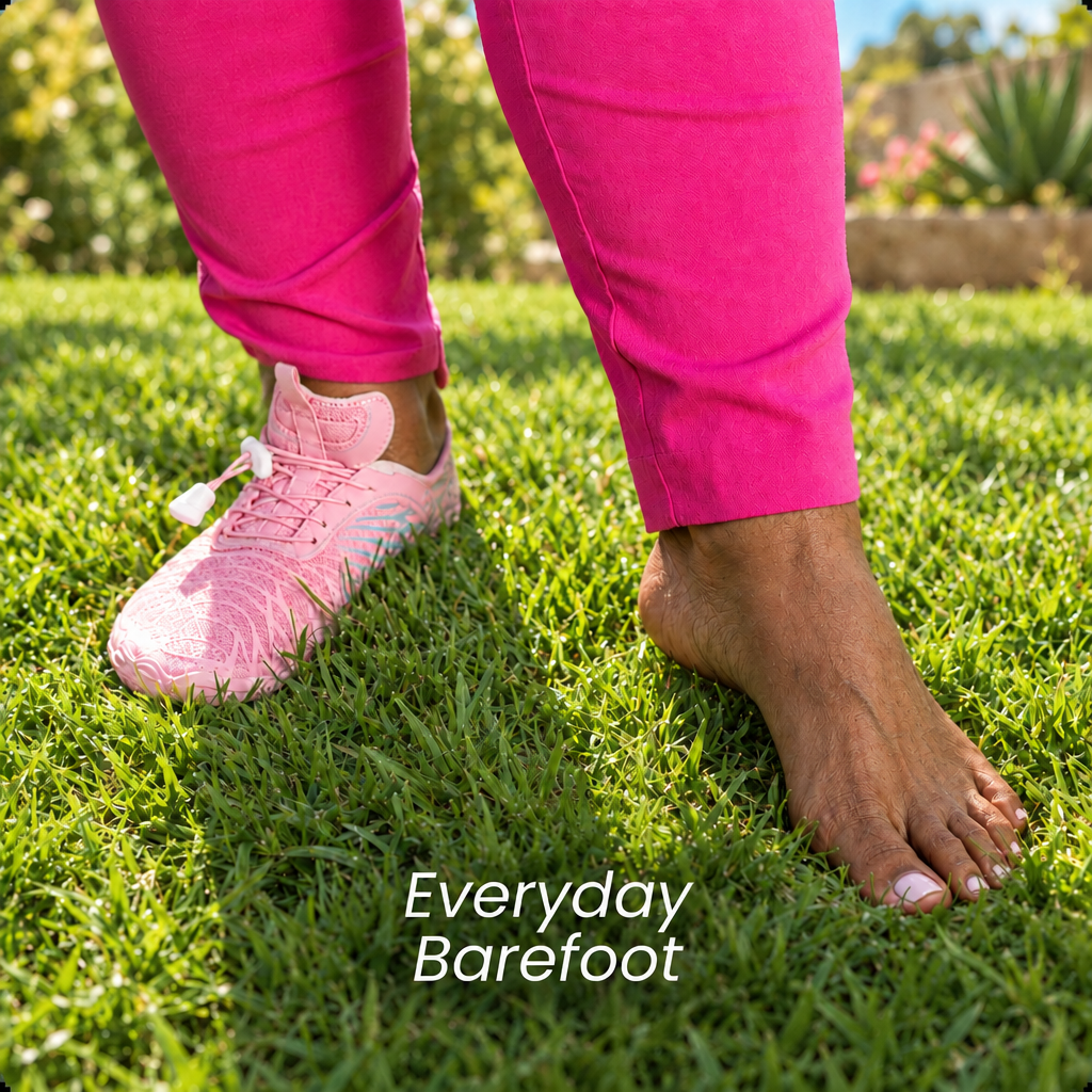 Everyday Barefoot - customer with pink Lurevela barefoot shoe on grass