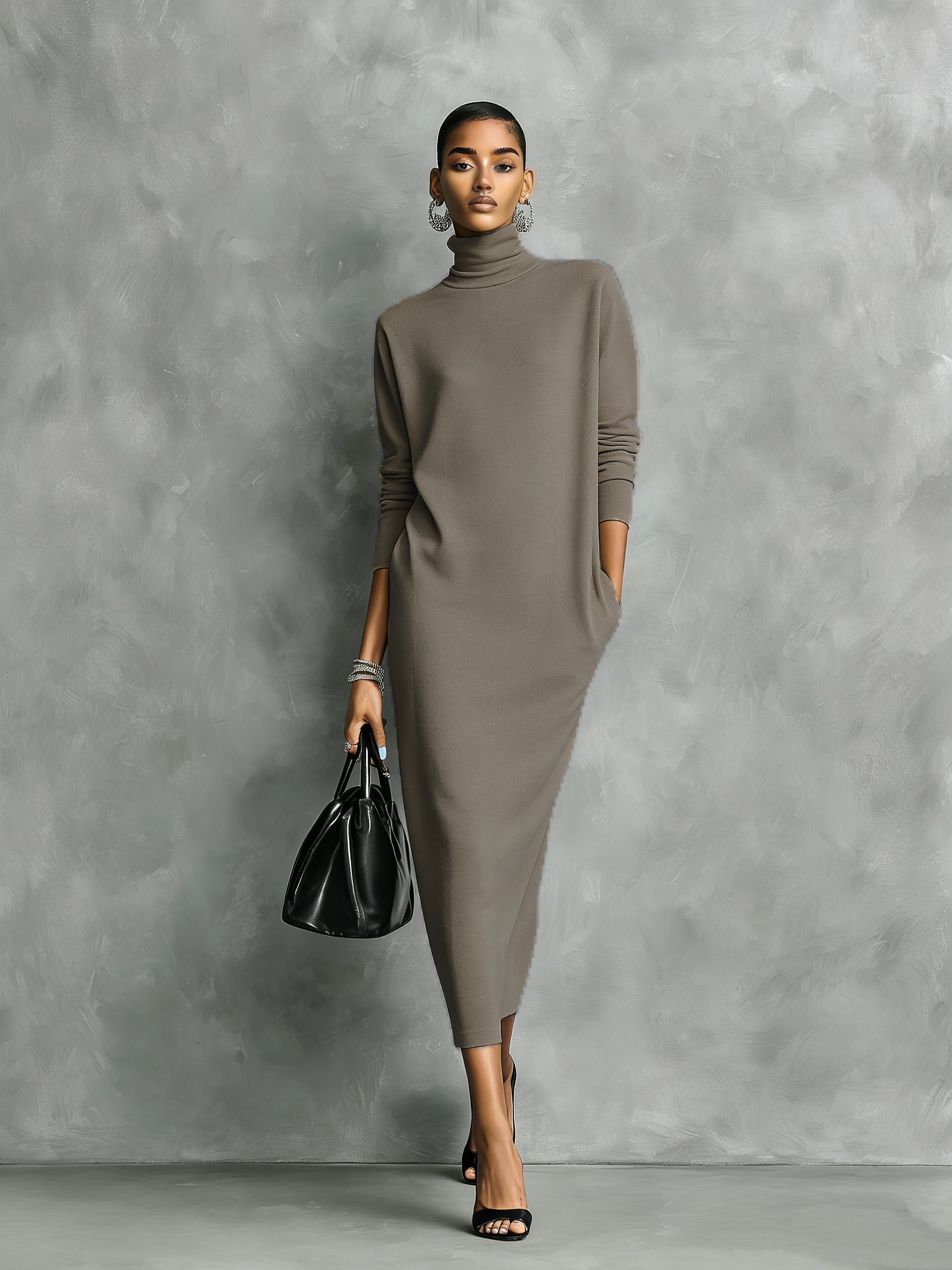 Women's Elegant Black Knitted Turtleneck Long-sleeved Loose-fitting  Midi Dress With No Pockets MDA1974L7AN
