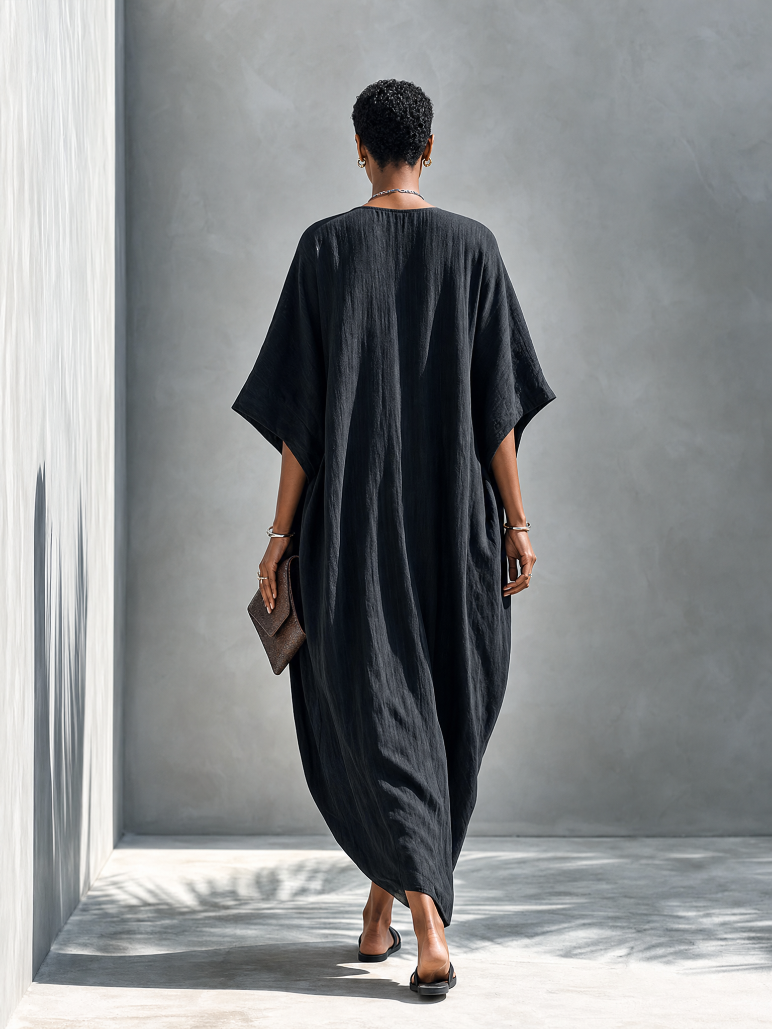 Women's Solid Black Linen Maxi Dress With Deep V-Neck And Slit MDZ0315G8ZRK