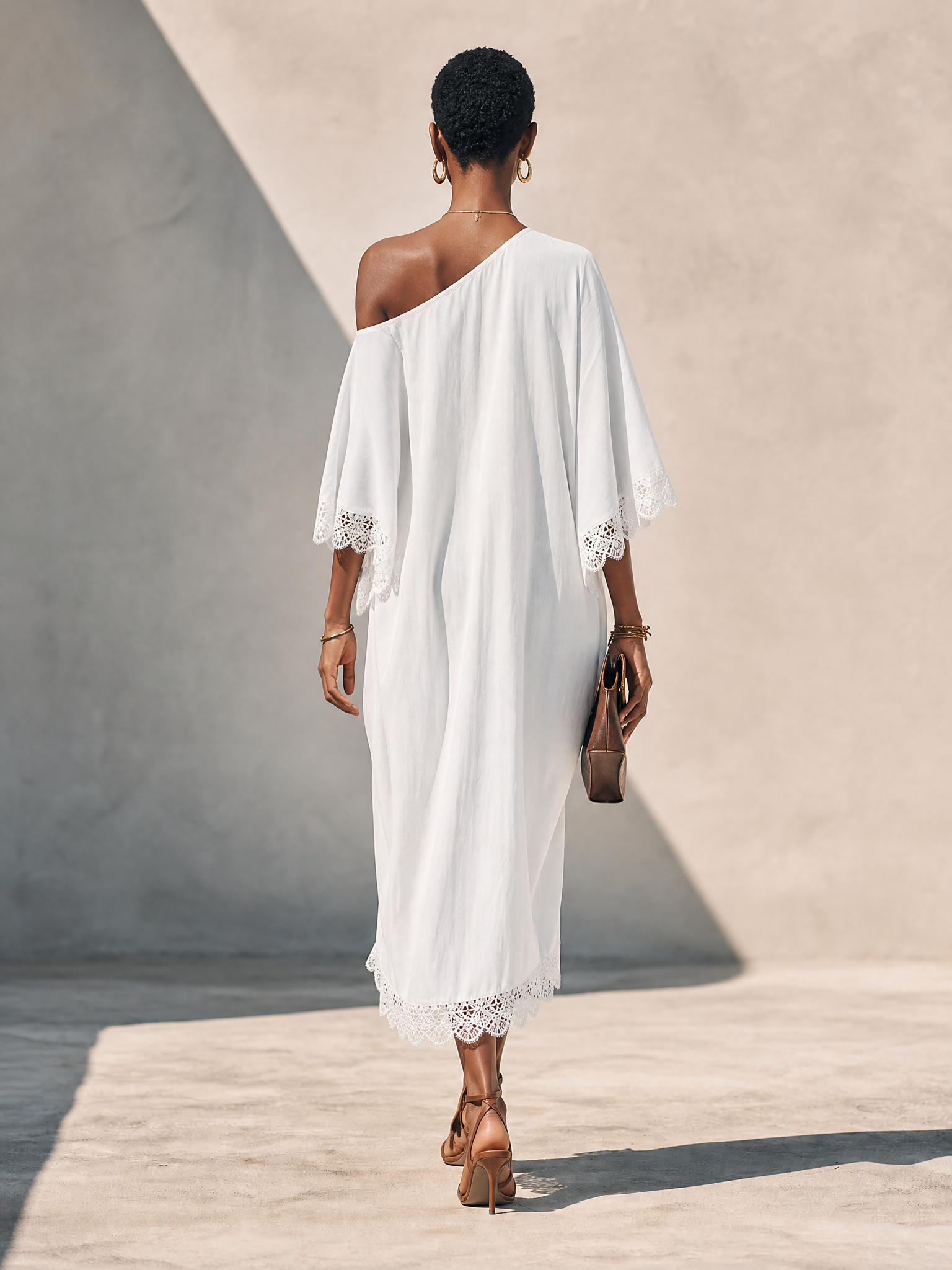 Women's Pure White Linen Asymmetric Off-Shoulder Midi Dress With Lace Trim MDZ0378G2ZRK