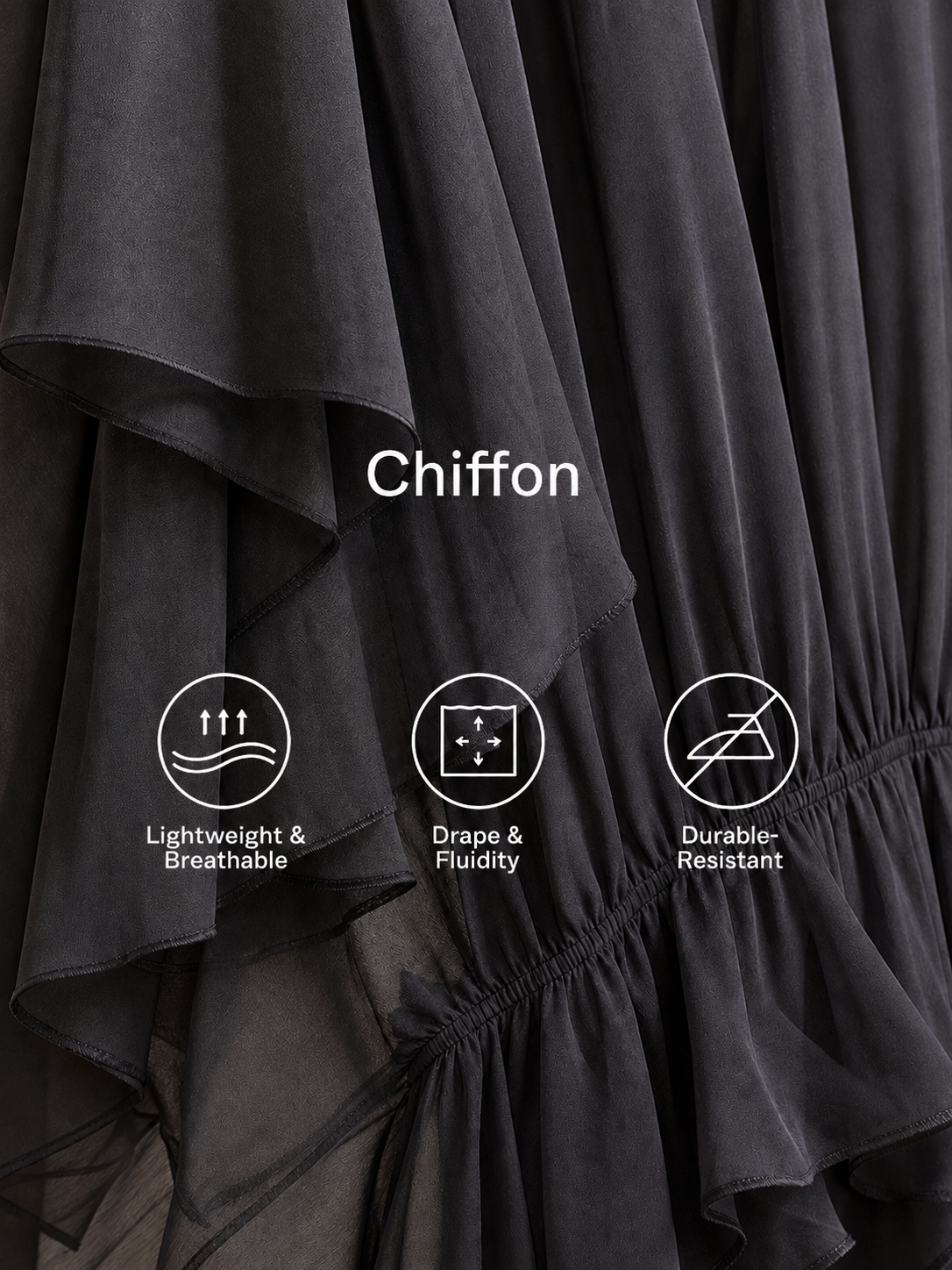 Women's Dark Gray Sheer Chiffon Maxi Dress With Turtleneck Cape Batwing Sleeves & Ruched Ruffle Hem, Minimalist Elegant Oversized Flowy Maxi Dress
