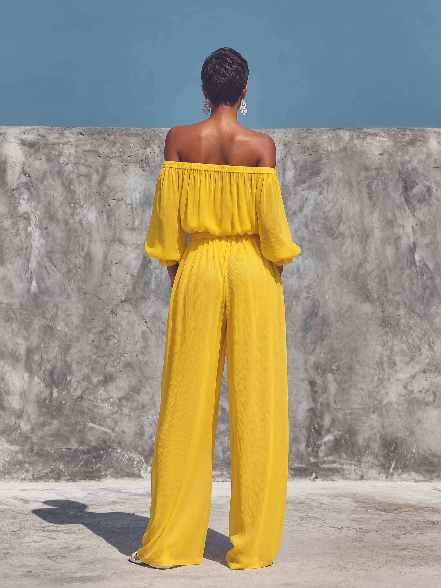 Women’s Bright Yellow Crinkled Chiffon Off Shoulder Bubble Three Quarter Sleeve Self Tie Waist Wide Leg Pants Two Piece Vacation Set MDZ0683G6YZJ