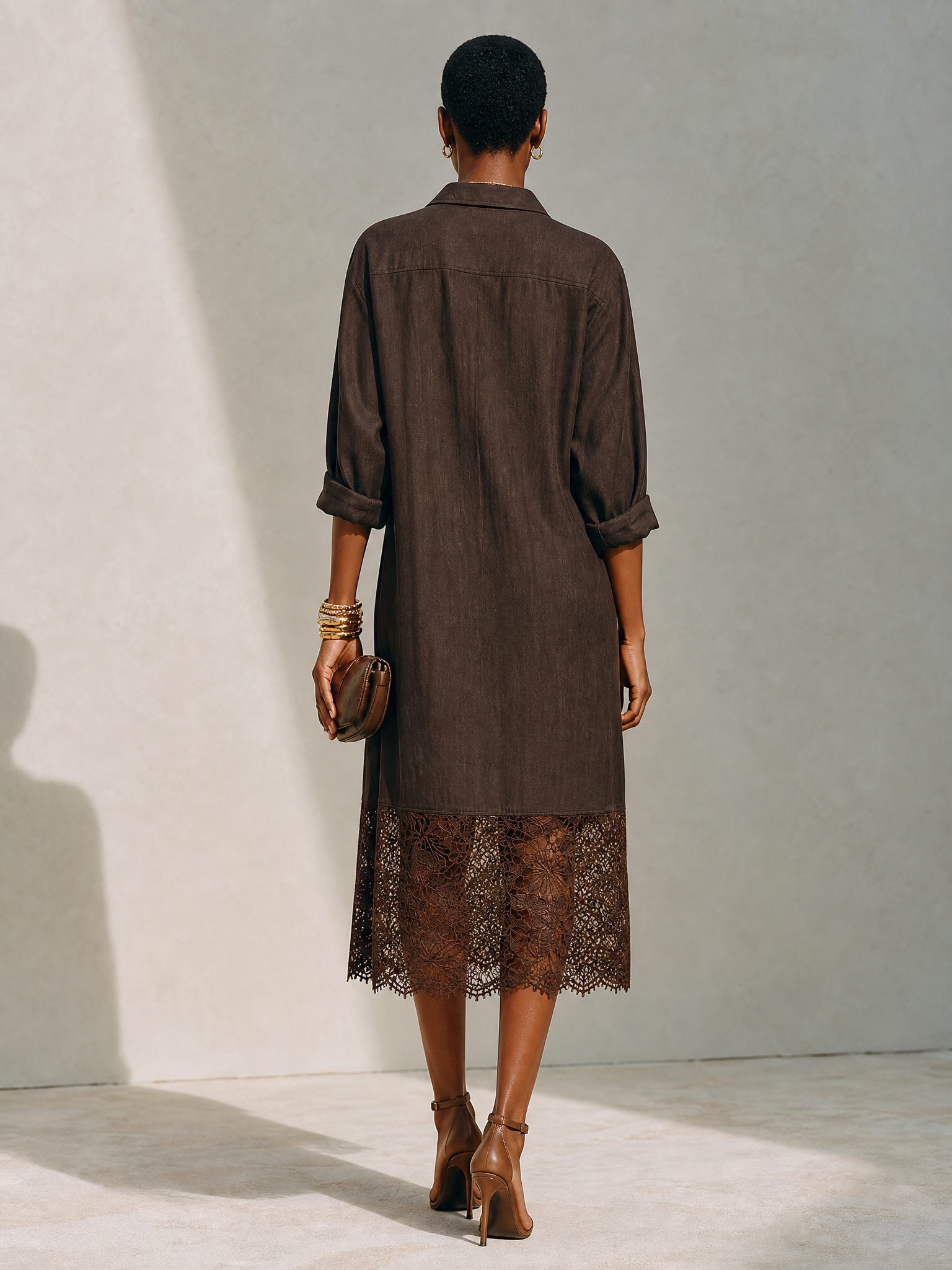 Women's Minimalist Solid Brown Linen & Lace-Panel Midi Shirt Dress