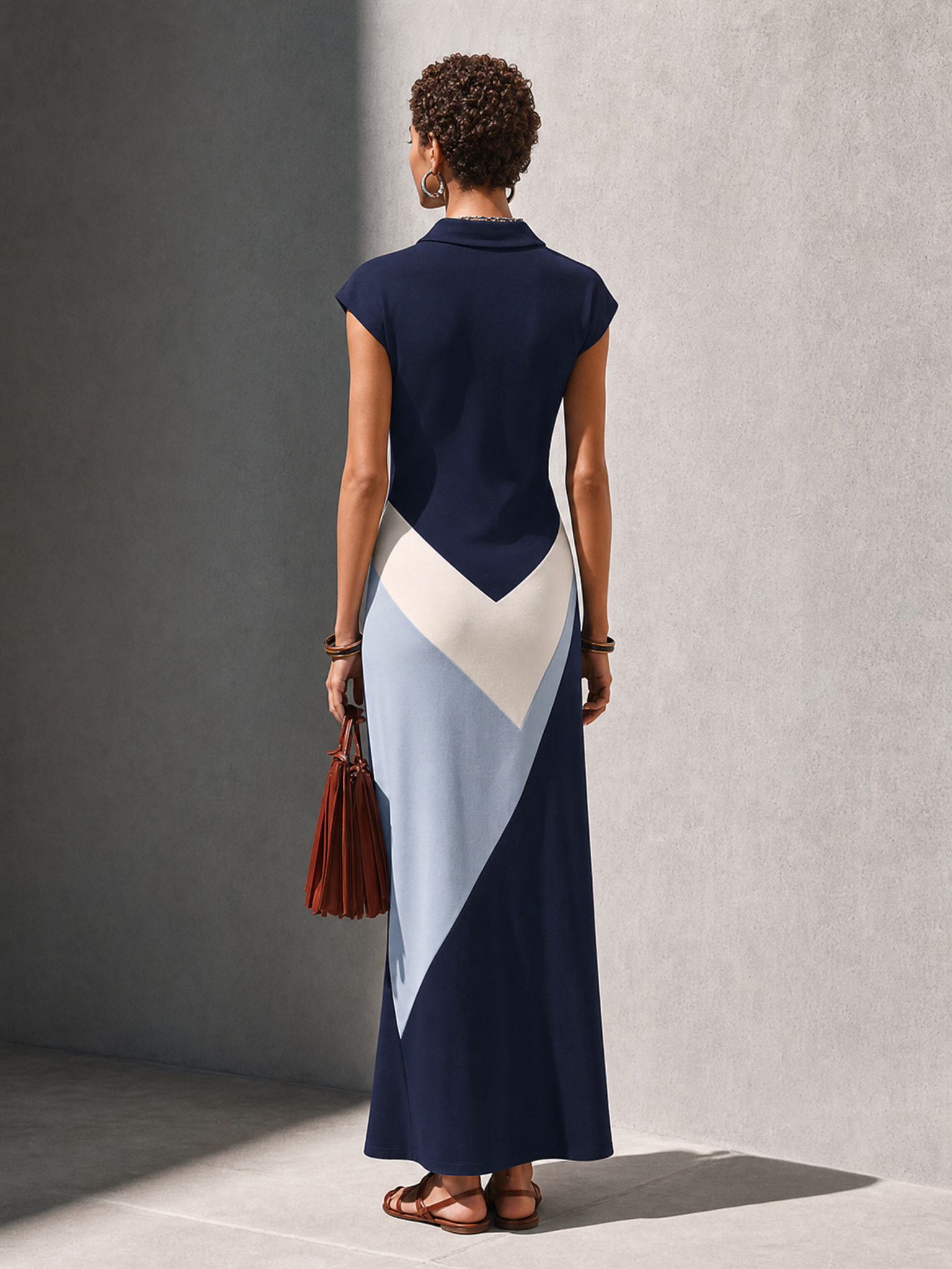Women’s Minimalist Commuter Navy Blue Cotton Blend Polo Collar Short-Sleeved V-Neck Color-Blocked Long Knit Dress MDZ0697G4GMJ
