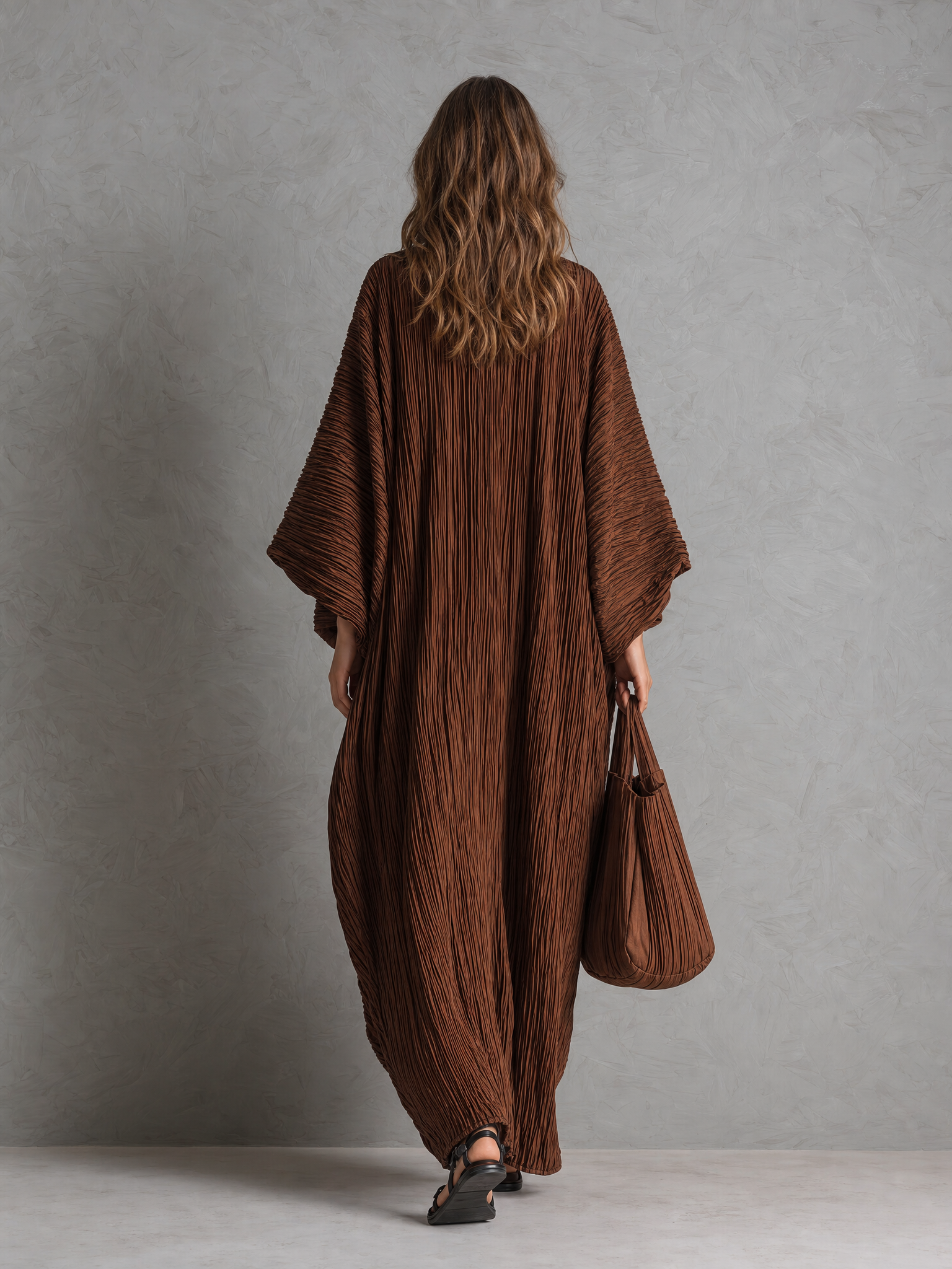 Women's Casual Brown Woven Pleated V-Neck Batwing-Sleeve Loose Maxi Dress