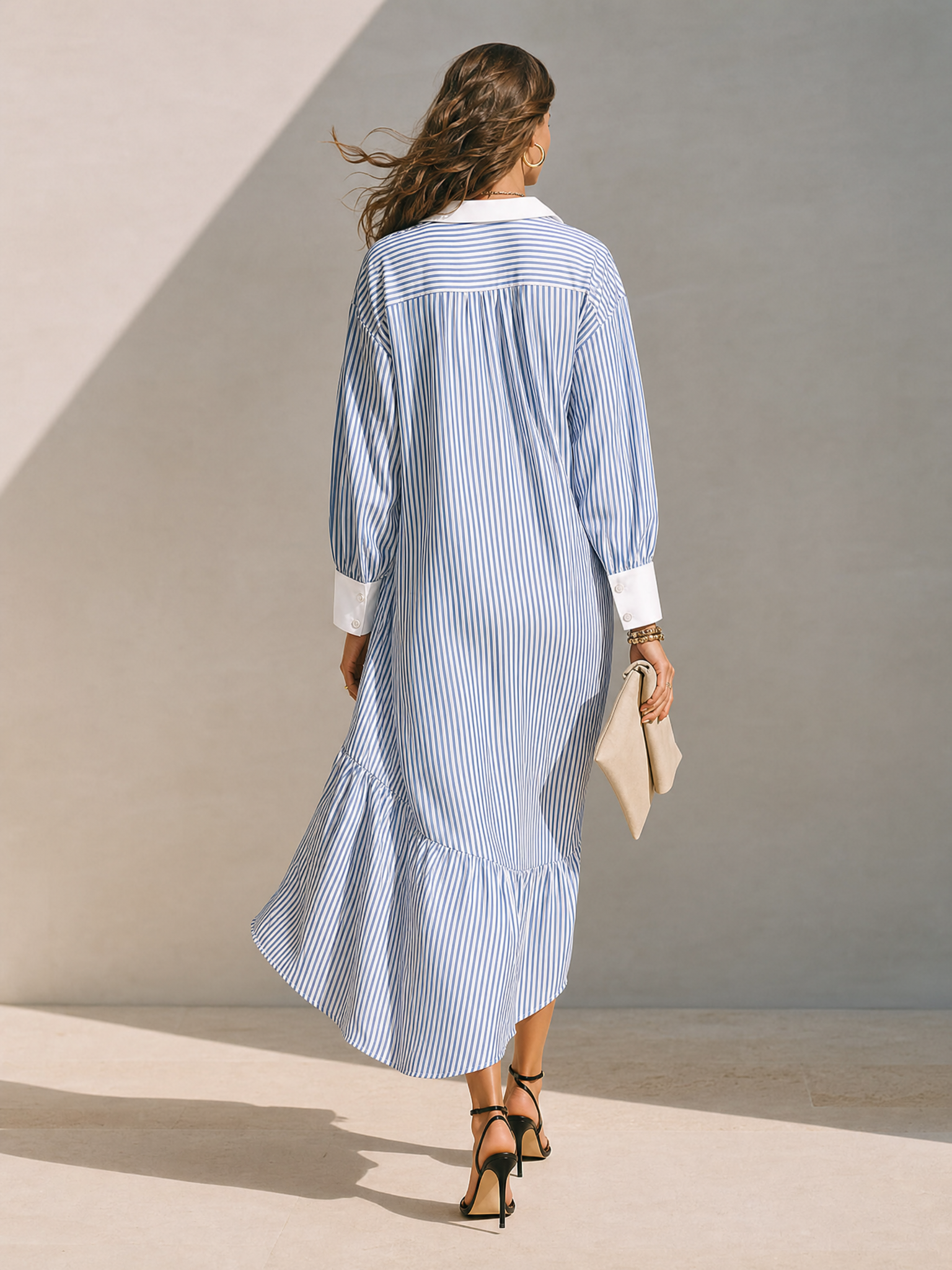 Women's Blue & White Vertical Stripe Cotton-Linen Shirt Dress With Contrast Cuffs