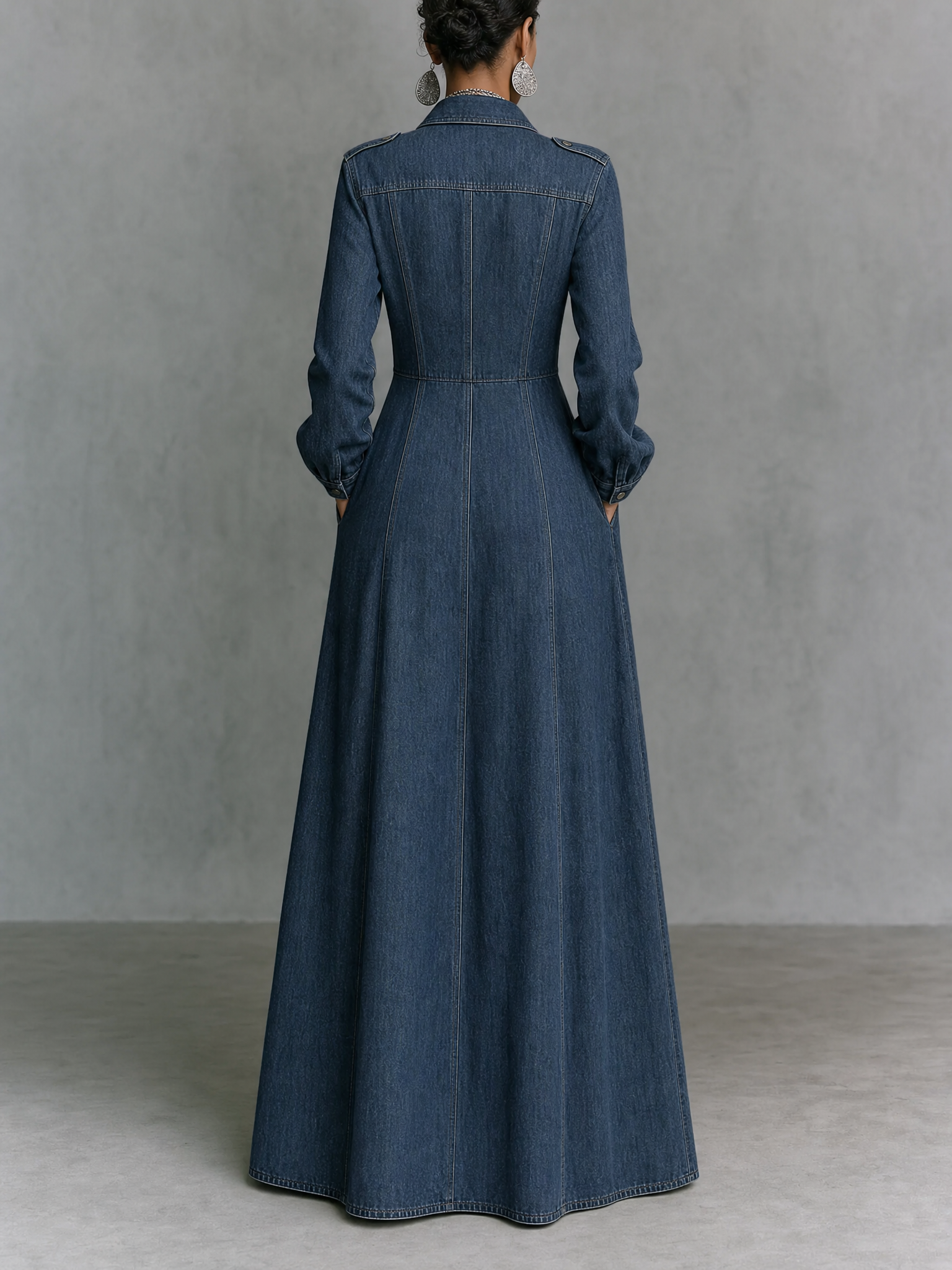 Women's Minimalist Long-Sleeve Denim Maxi Dress With Collar And Epaulettes