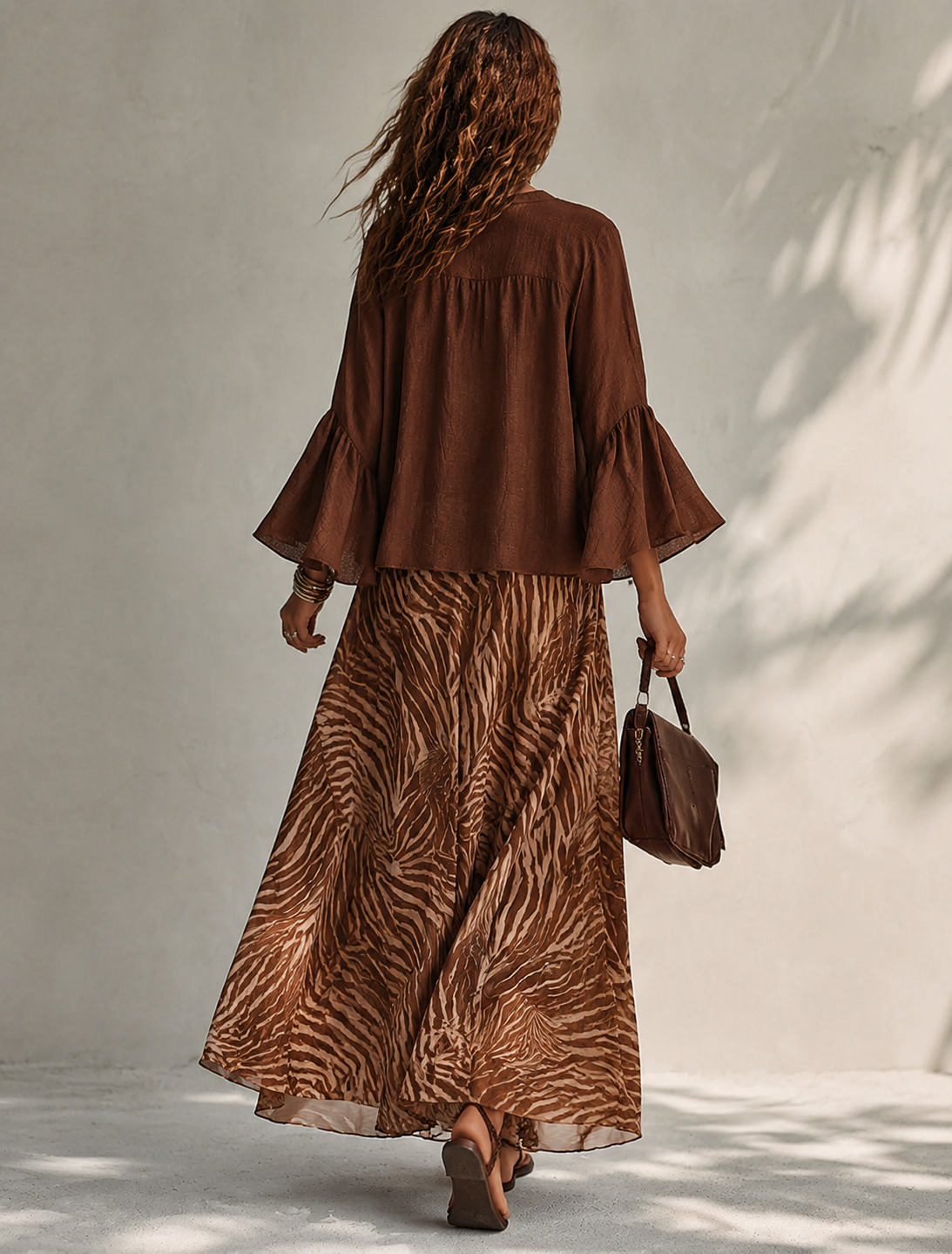 Women's Solid Brown Linen-Blend V-Neck Flared-Sleeve Loose Bohemian Top
