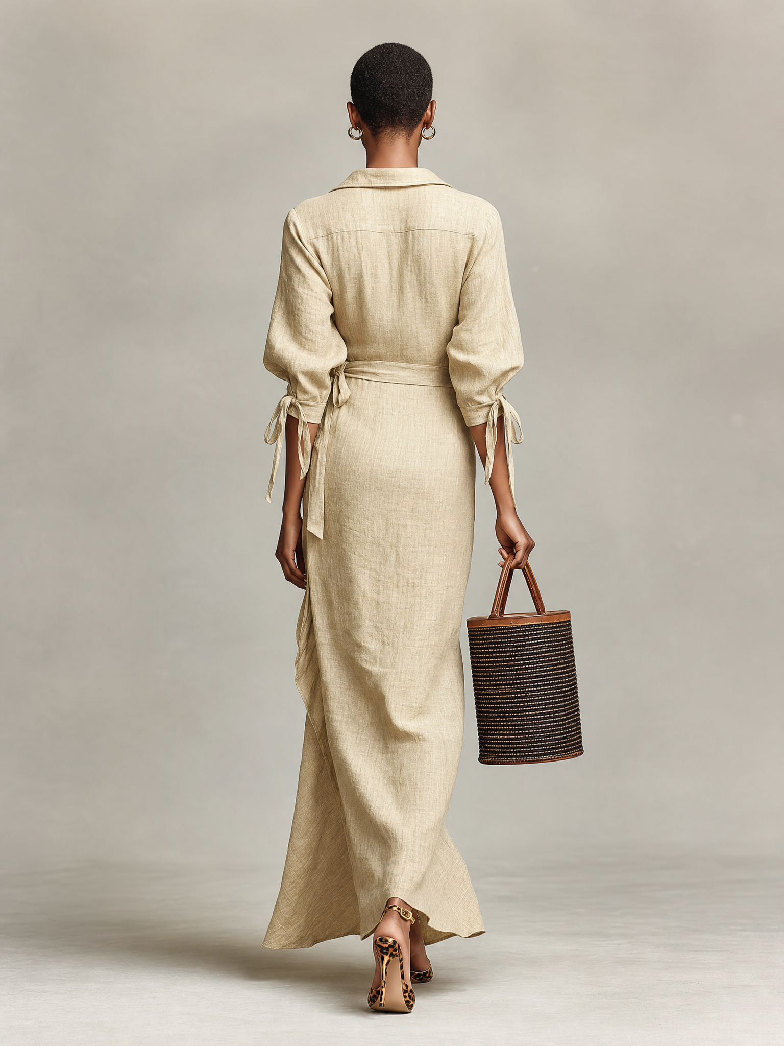 Women's Light Khaki Breathable Linen Maxi Dress With Lantern Tie Sleeves & Wrap Waist Silhouette, Versatile Beach Vacation Fitted Maxi Dress