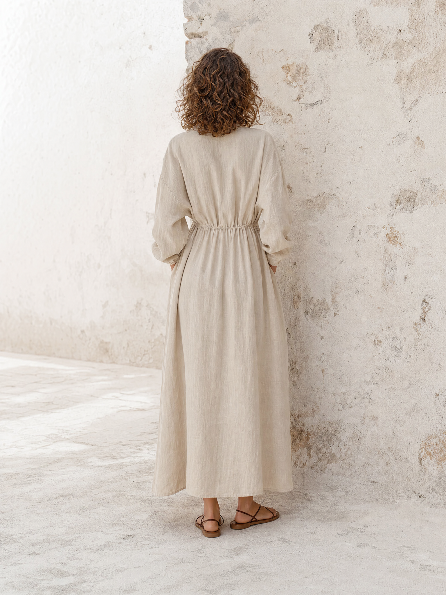 Women's Elegant Casual Off-White Cotton-Linen Drawstring Waist Stand-Collar Long-Sleeve Maxi Dress