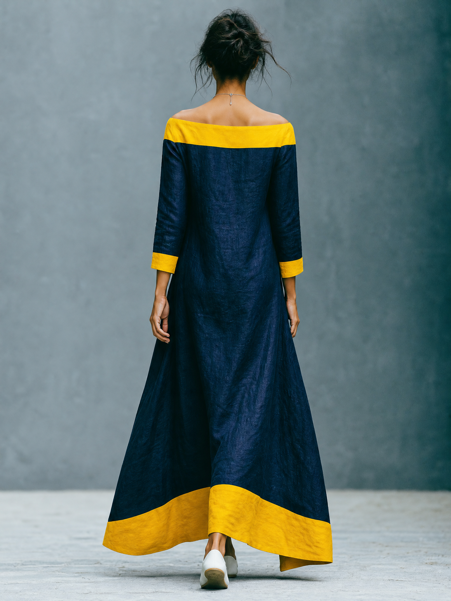 Women's Minimalist Color-Block Linen-Blend Maxi Dress With Crew Neck And Three-Quarter Sleeves