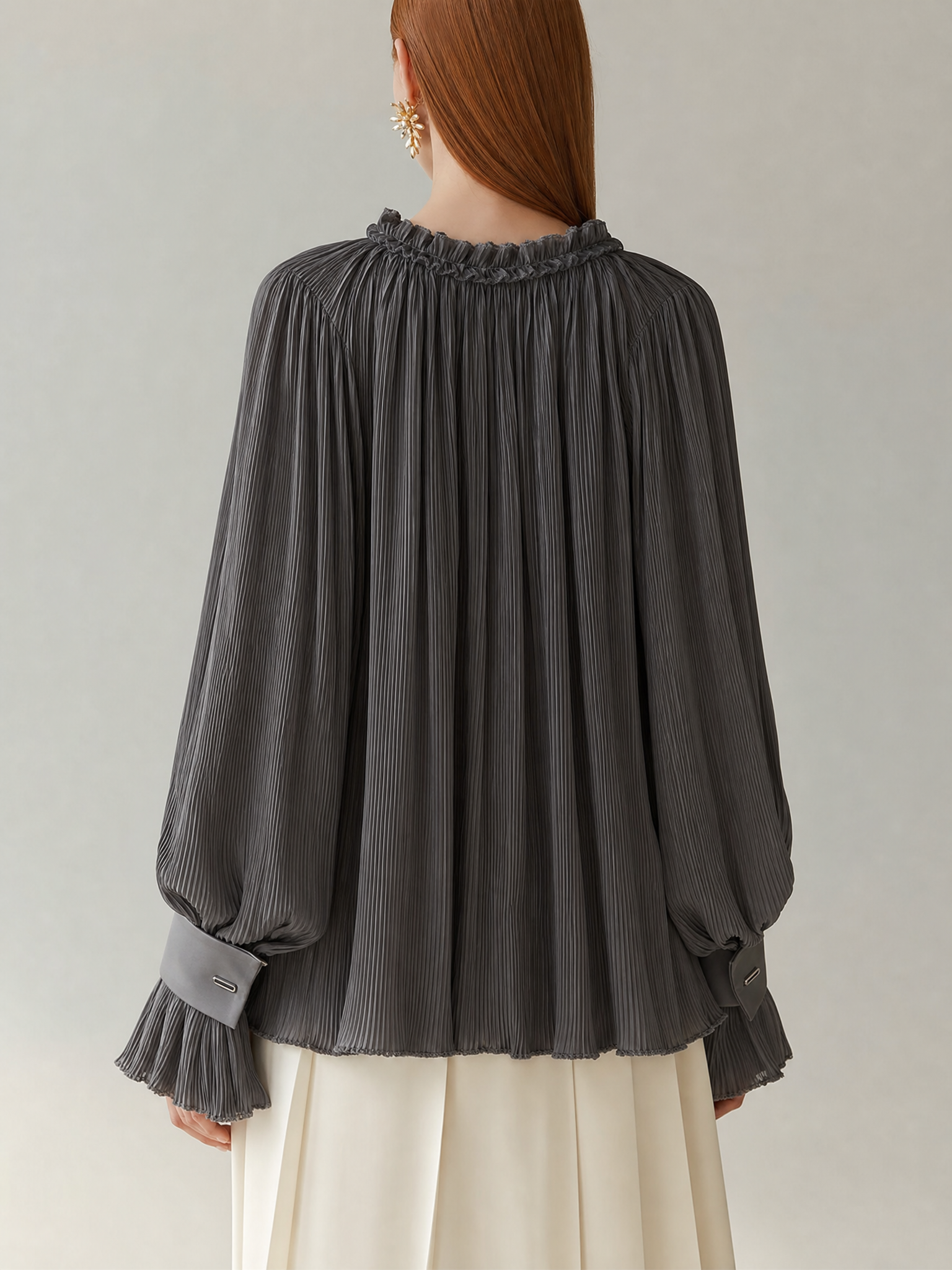 Women's Dark Grey Pleated Chiffon Blouse With Ruffled V Tie Neck & Contrast Cuff Lantern Sleeves, Elegant Loose Casual Long Sleeve Blouse