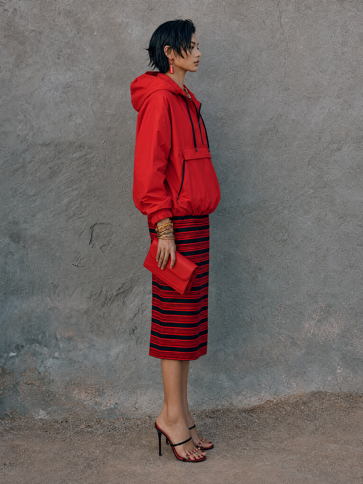 Women's Retro Vacation Red Black Stripe Cotton Blend Straight Midi Skirt MDZ1479G1GMJ