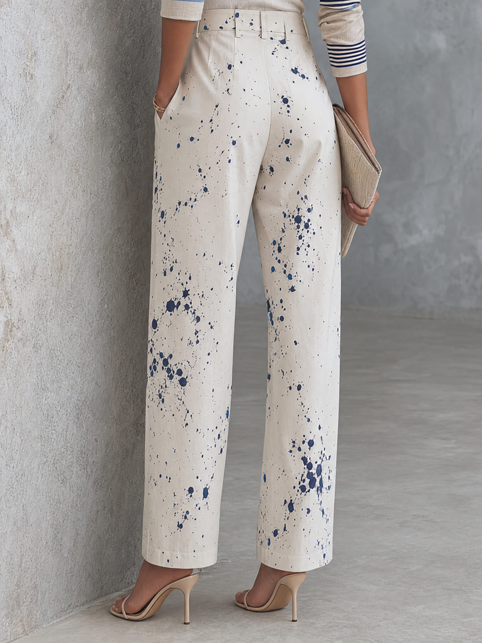 Women's Art Casual Off White Base Blue Splash Ink Cotton Blend High Waist Full Length Wide Leg Trousers MDZ1499G6GMJ