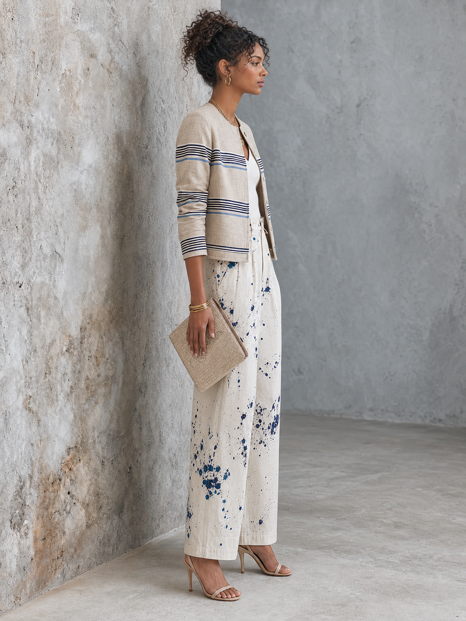 Women's Art Casual Off White Base Blue Splash Ink Cotton Blend High Waist Full Length Wide Leg Trousers MDZ1499G6GMJ